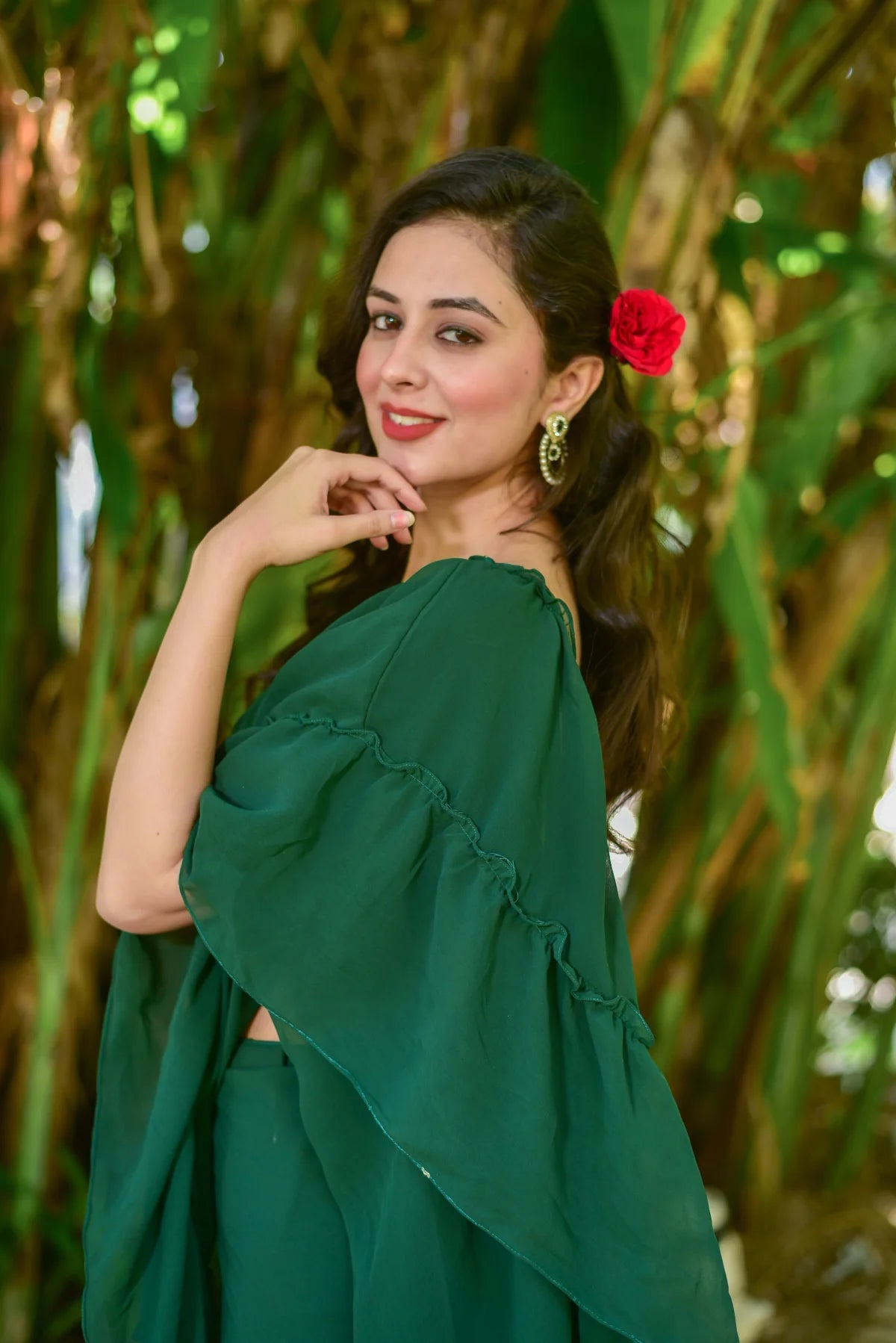 Bottle Green Georgette Sharara Saree Set Back View - Designer Ethnic Wear