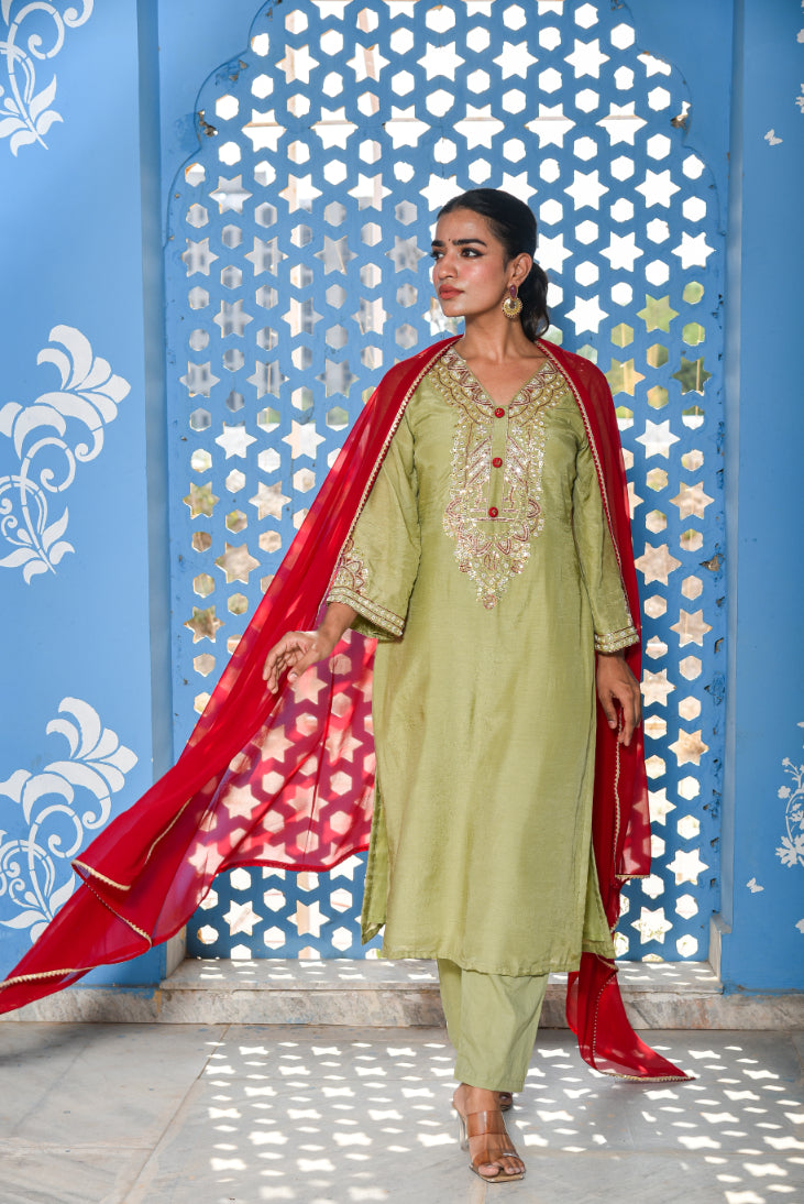 Green Heavy Embroidery Straight Kurta Set