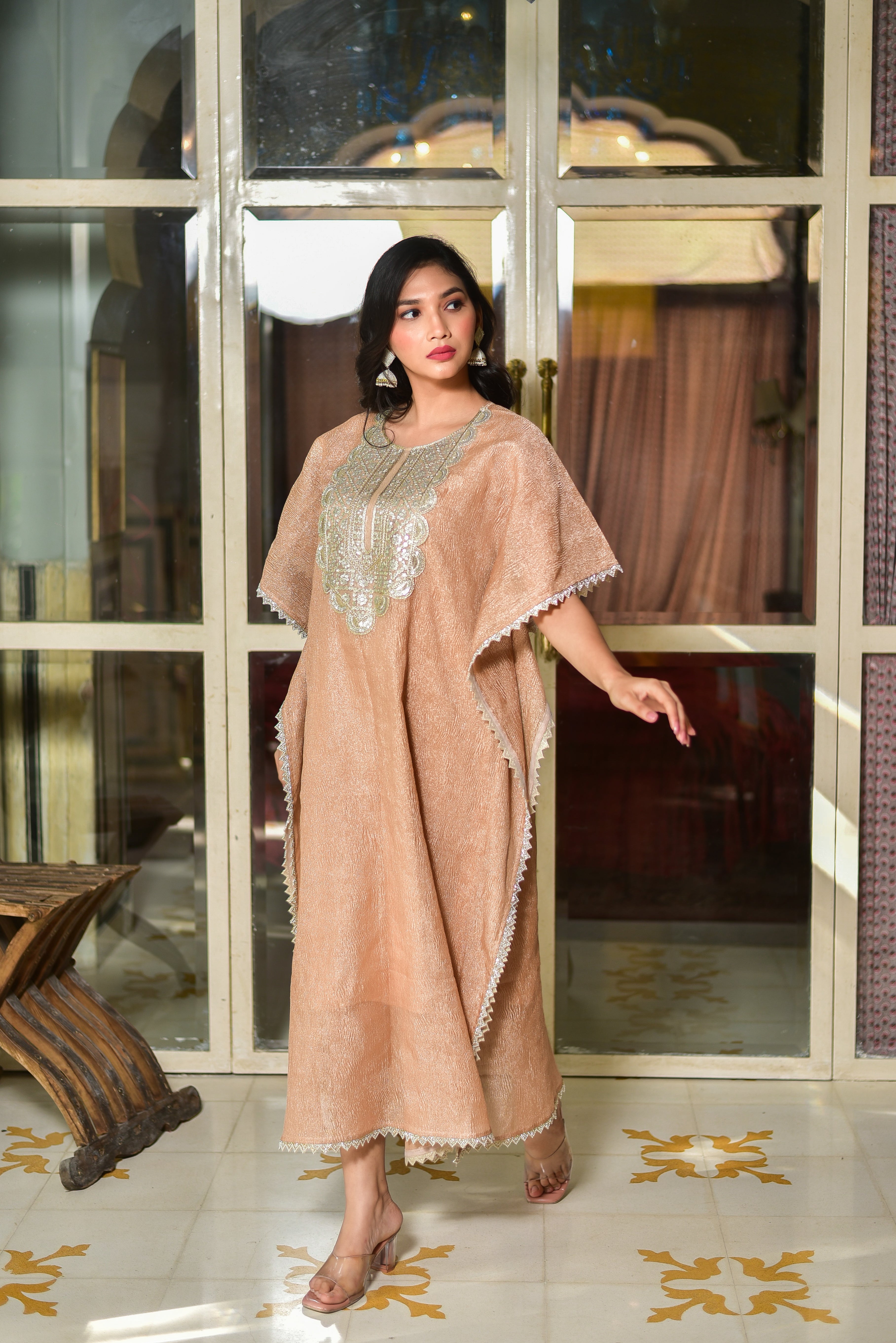 Blush Gold Luxe Embroidered Kaftan Dress