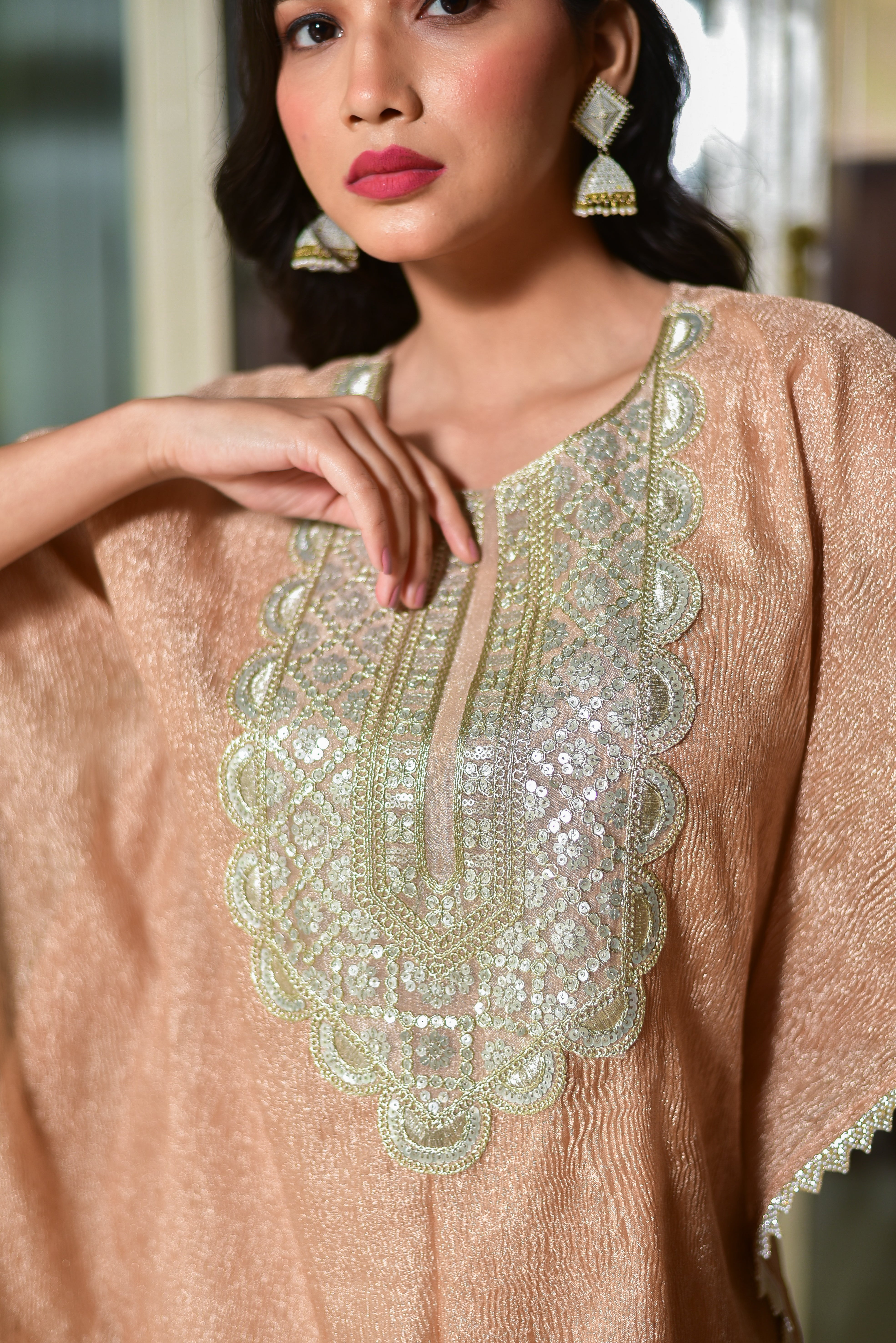 Blush Gold Luxe Embroidered Kaftan Dress