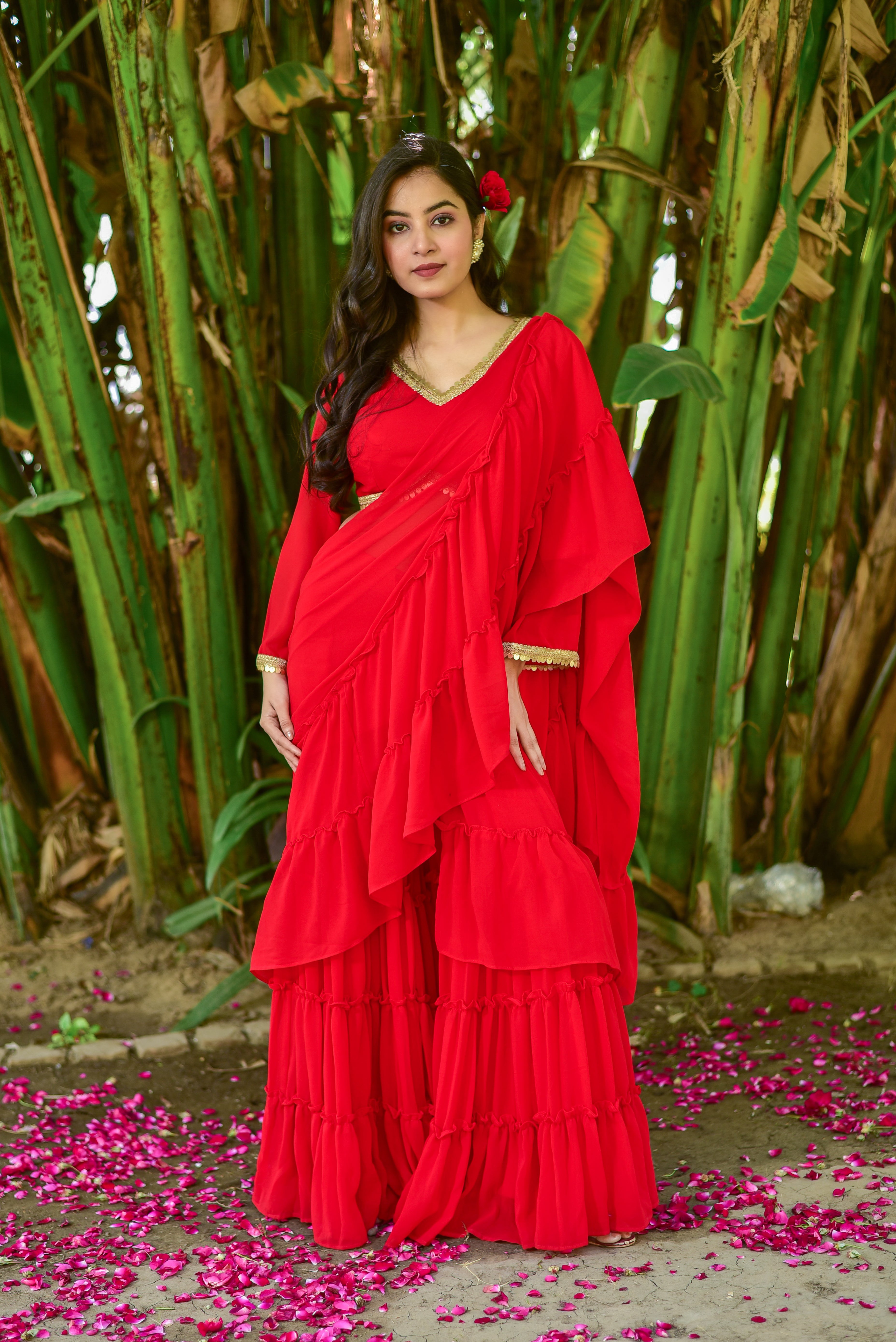 Regal Red Georgette Sharara Saree Set