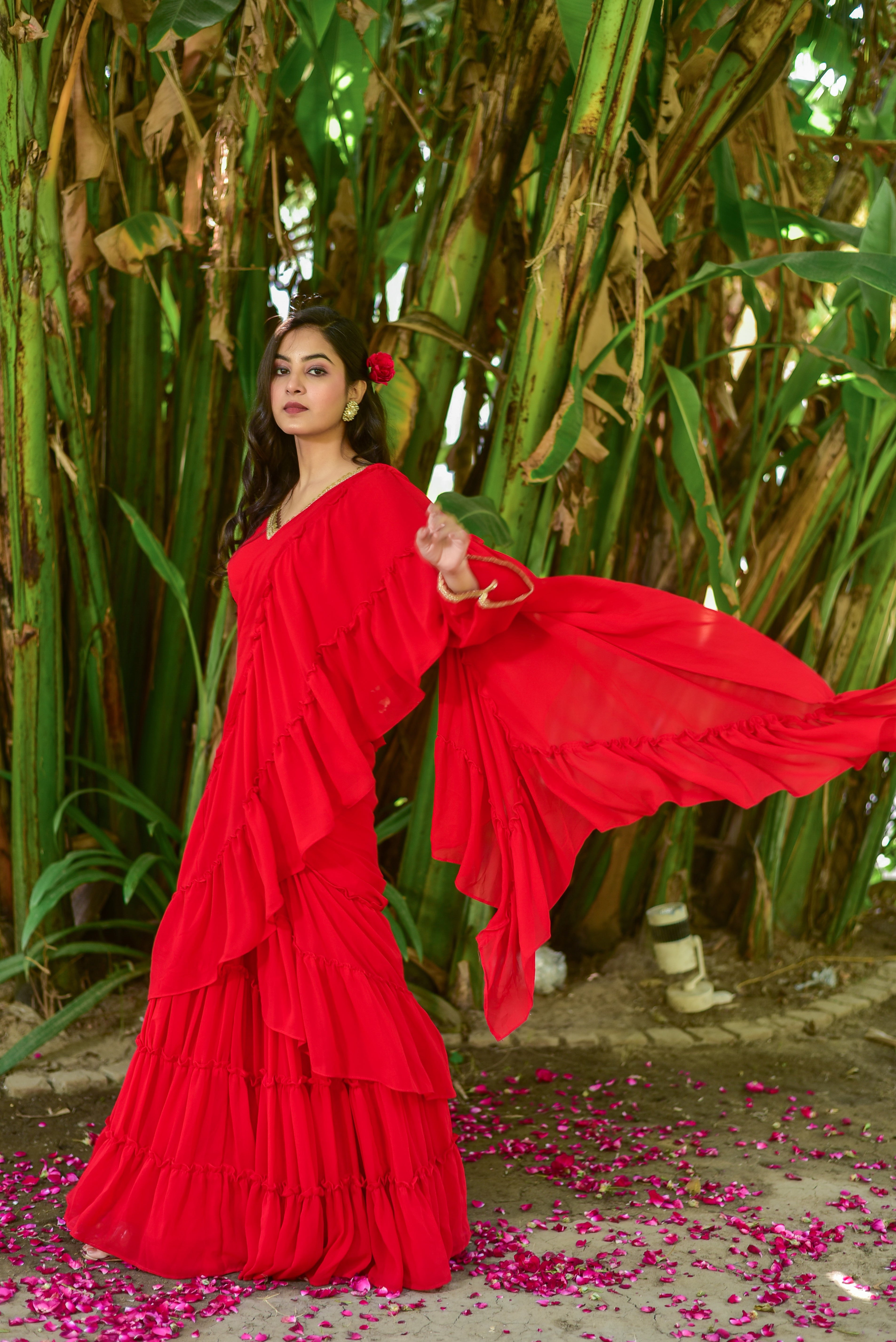 Regal Red Georgette Sharara Saree Set