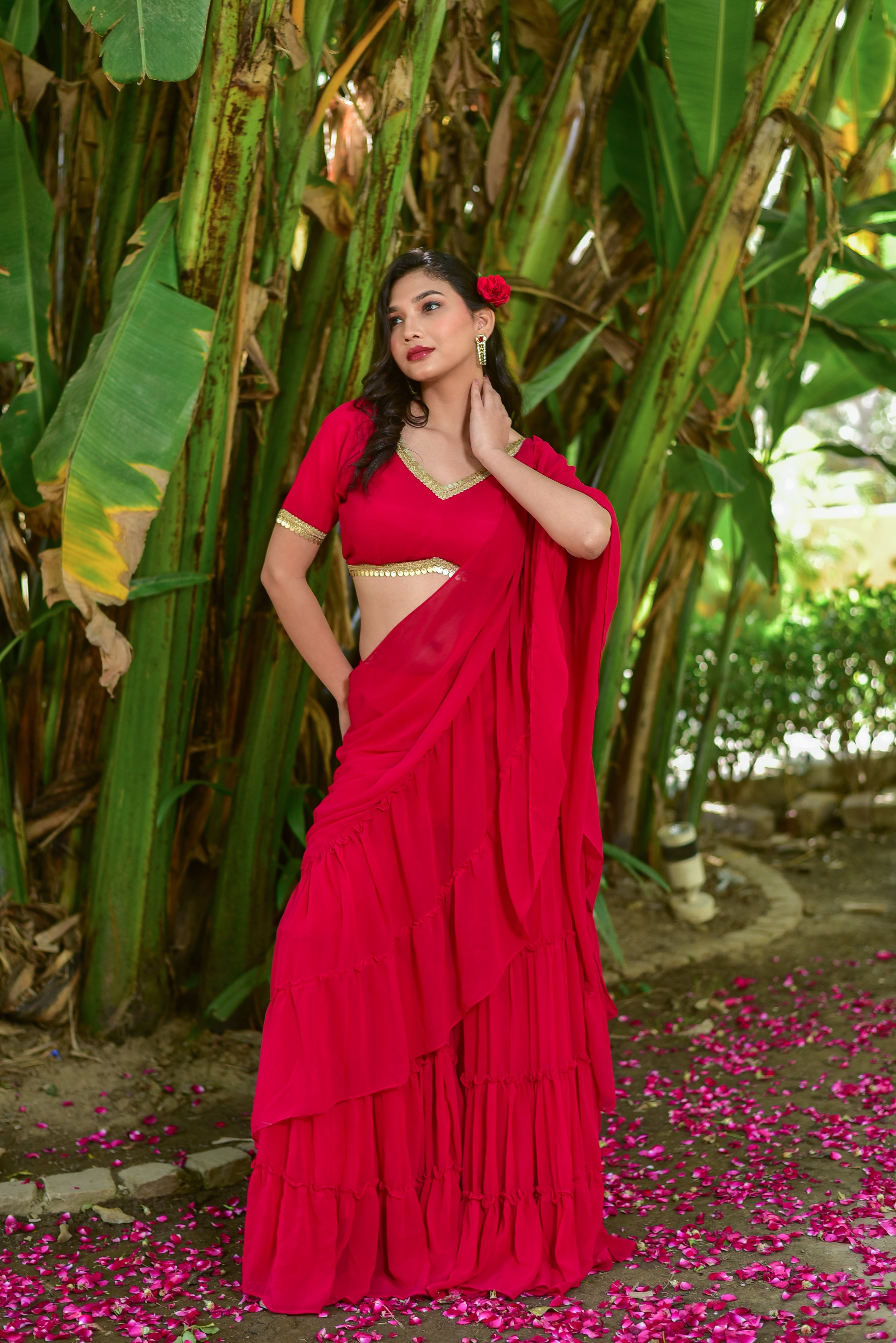 Ruby Pink Georgette Sharara Saree Set