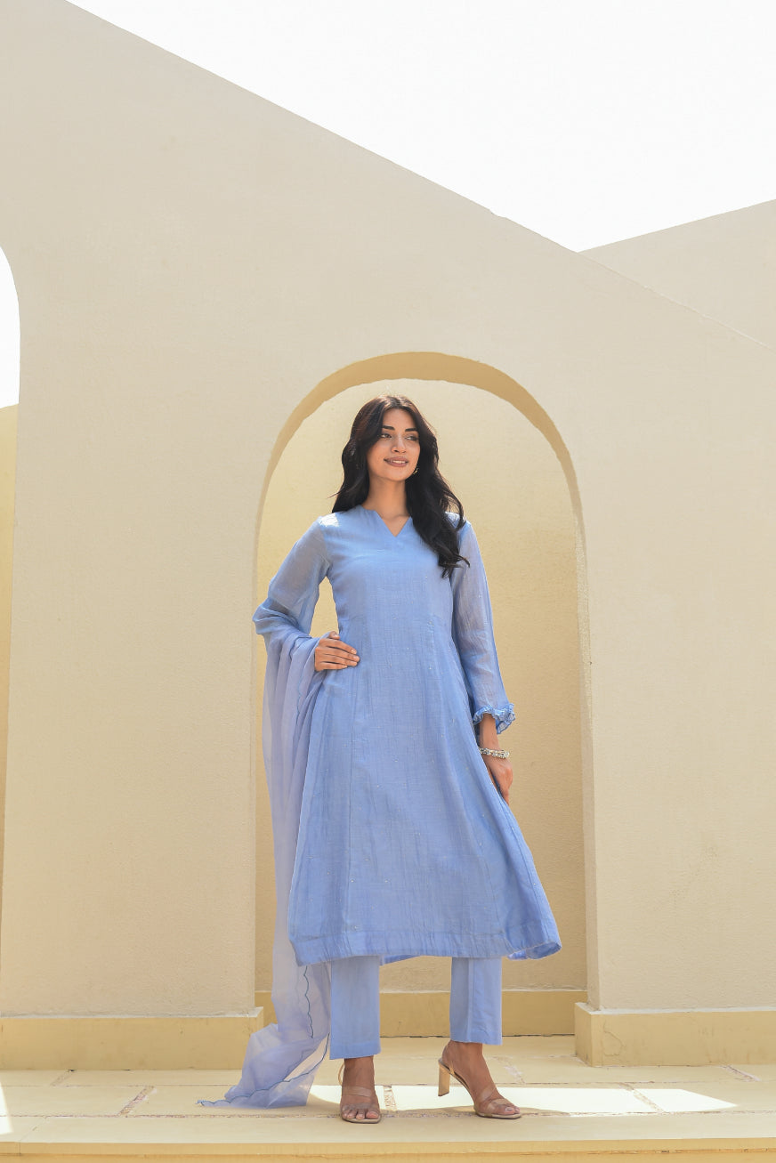 Ice Blue Mukesh Work A-line Kurta Set