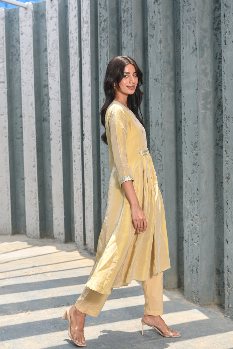 Beige Zari Silk Anarkali Set