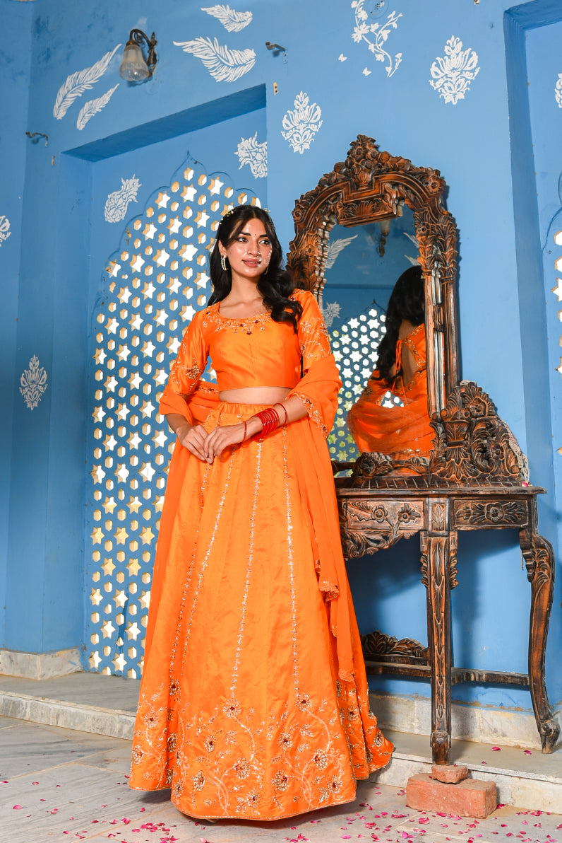 Orange Heavy Embroidery Lehenga Set