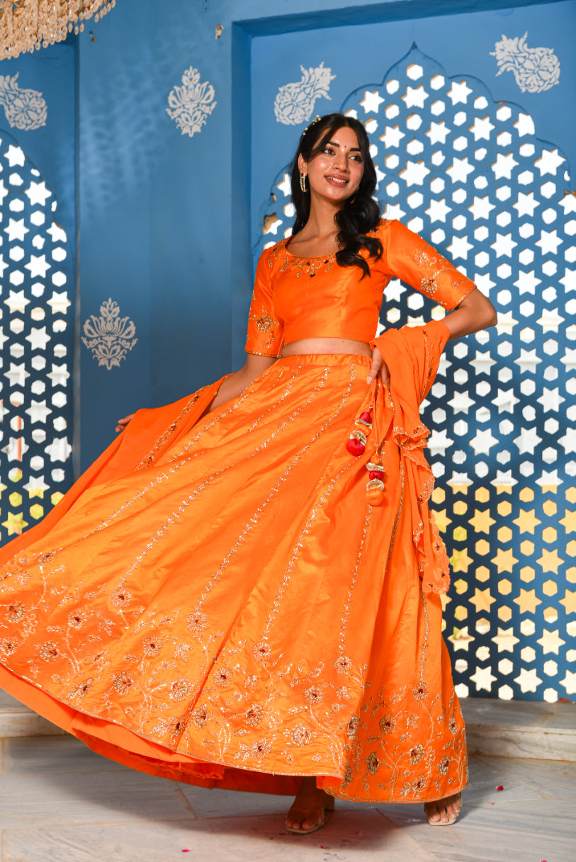 Orange Heavy Embroidery Lehenga Set