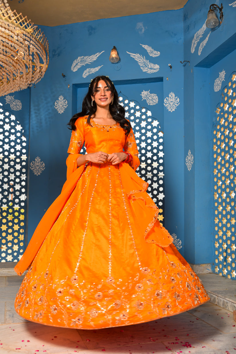 Orange Heavy Embroidery Lehenga Set