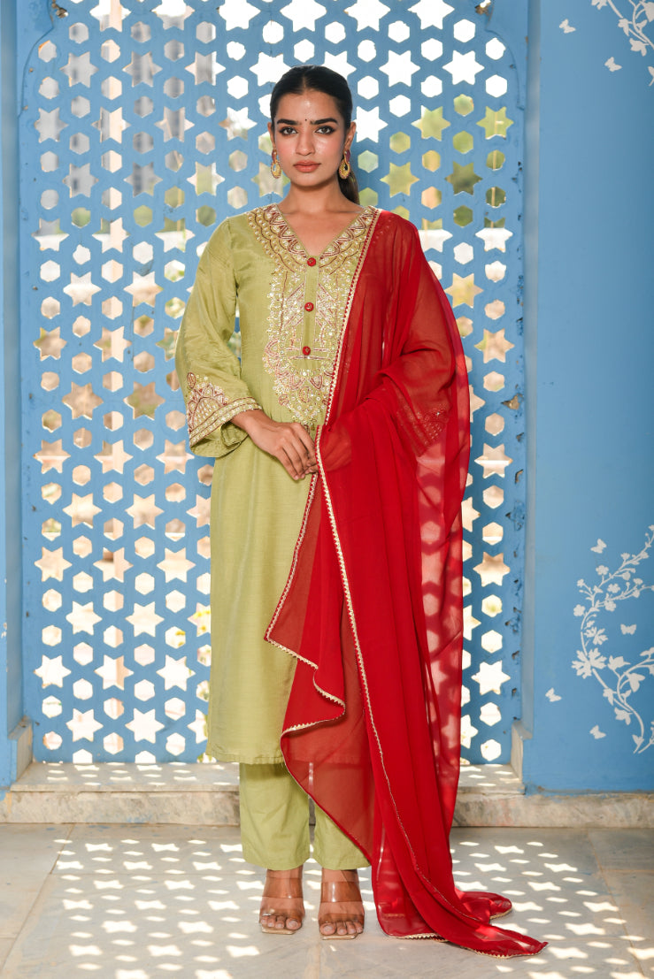 Green Heavy Embroidery Straight Kurta Set
