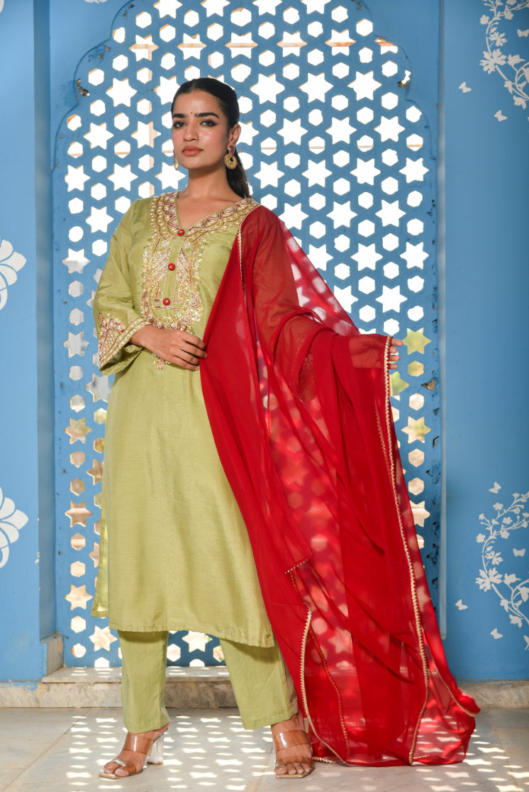 Green Heavy Embroidery Straight Kurta Set