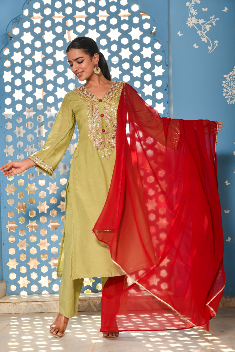 Green Heavy Embroidery Straight Kurta Set