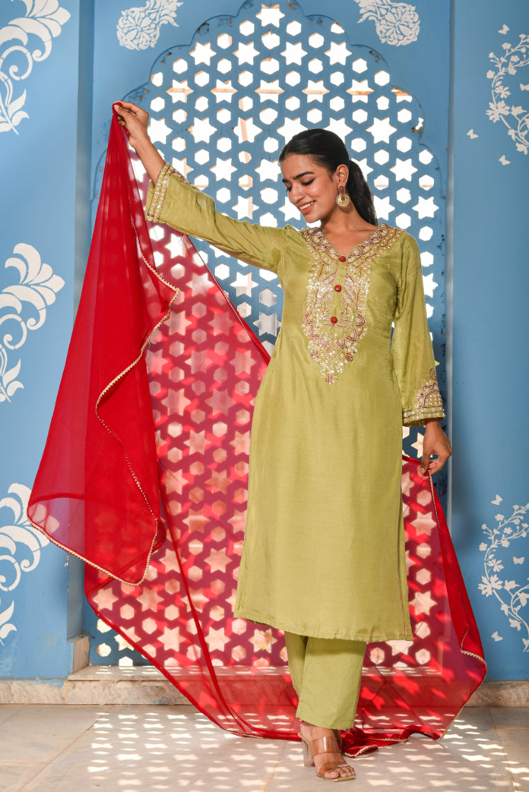 Green Heavy Embroidery Straight Kurta Set