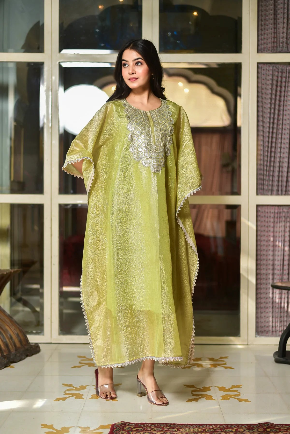 Pastel Green Luxe Embroidered Kaftan Dress - Kaftan Dress