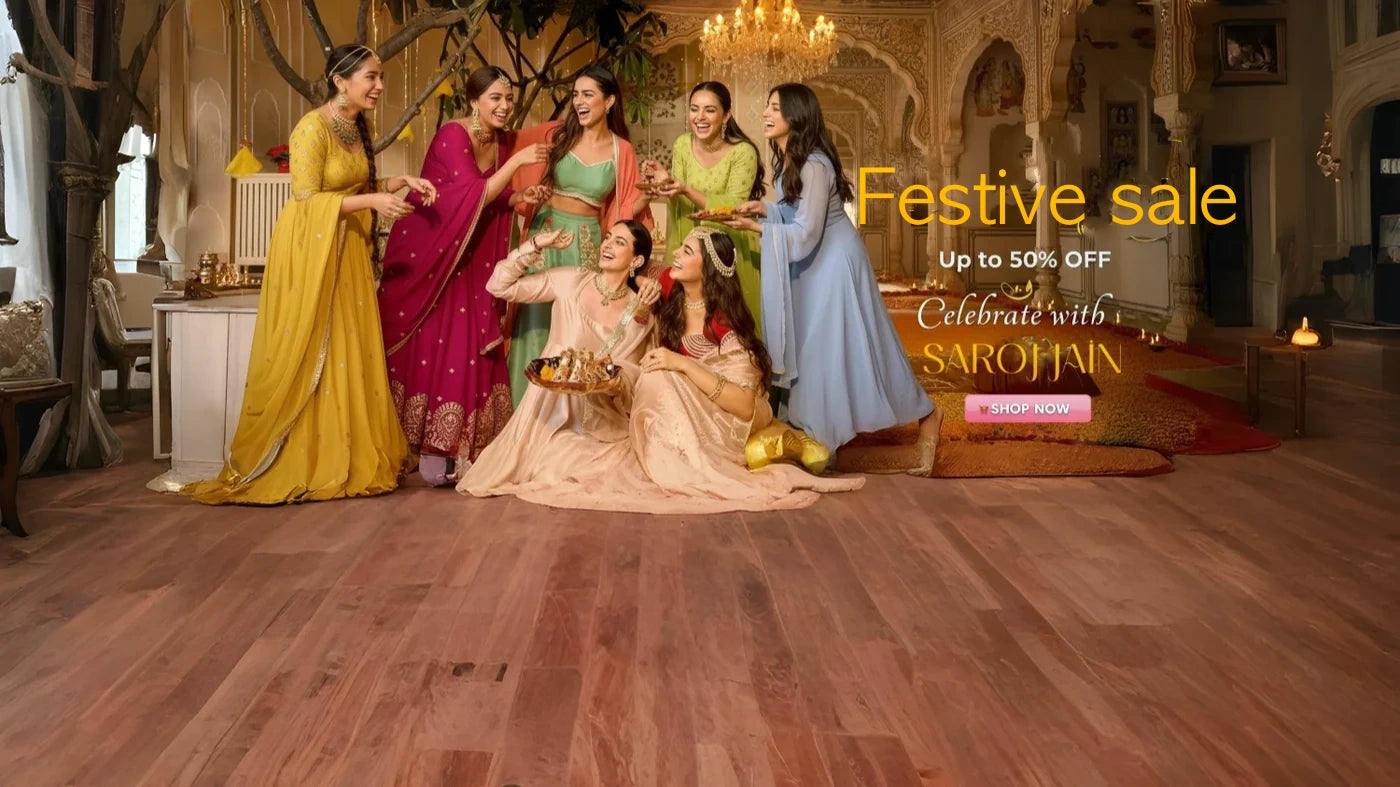 Group of women in colorful traditional attire in a festive setting with promotional text for a sale.