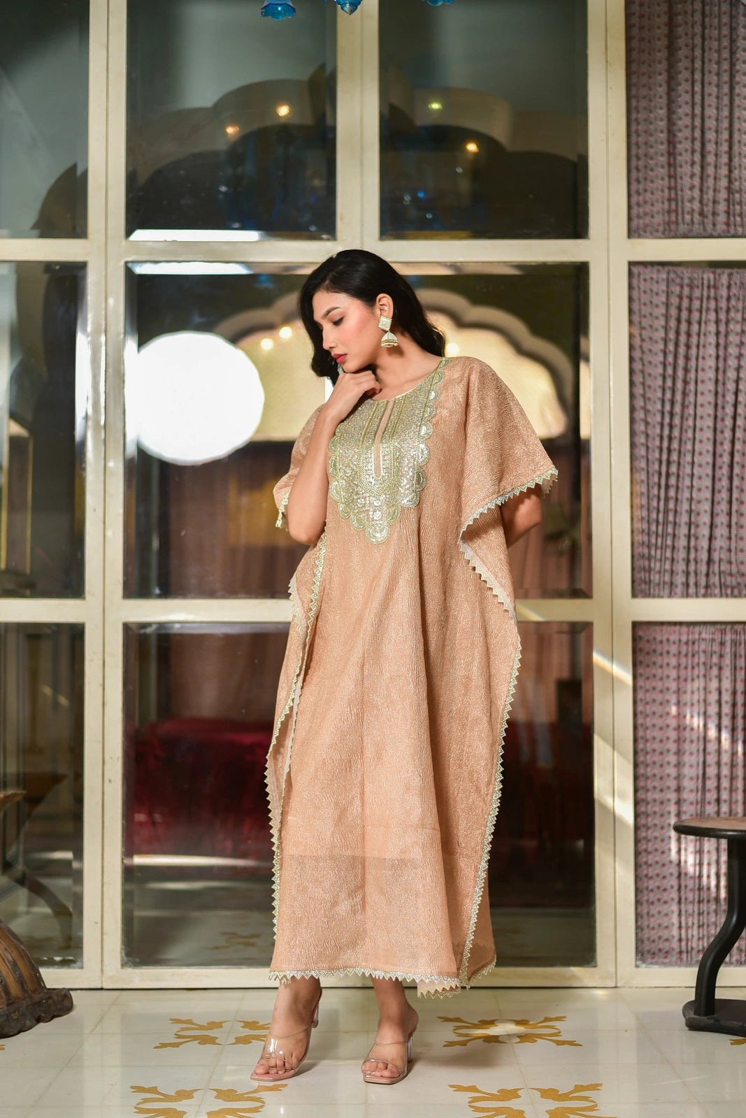 Blush Gold Luxe Embroidered Kaftan Dress
