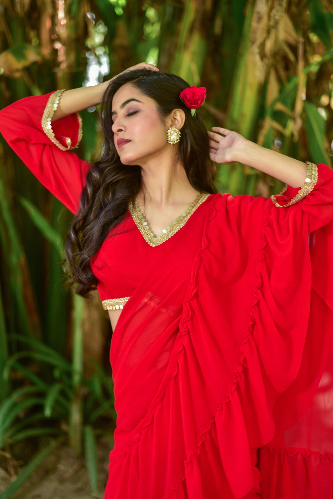 Regal Red Georgette Sharara Saree Set