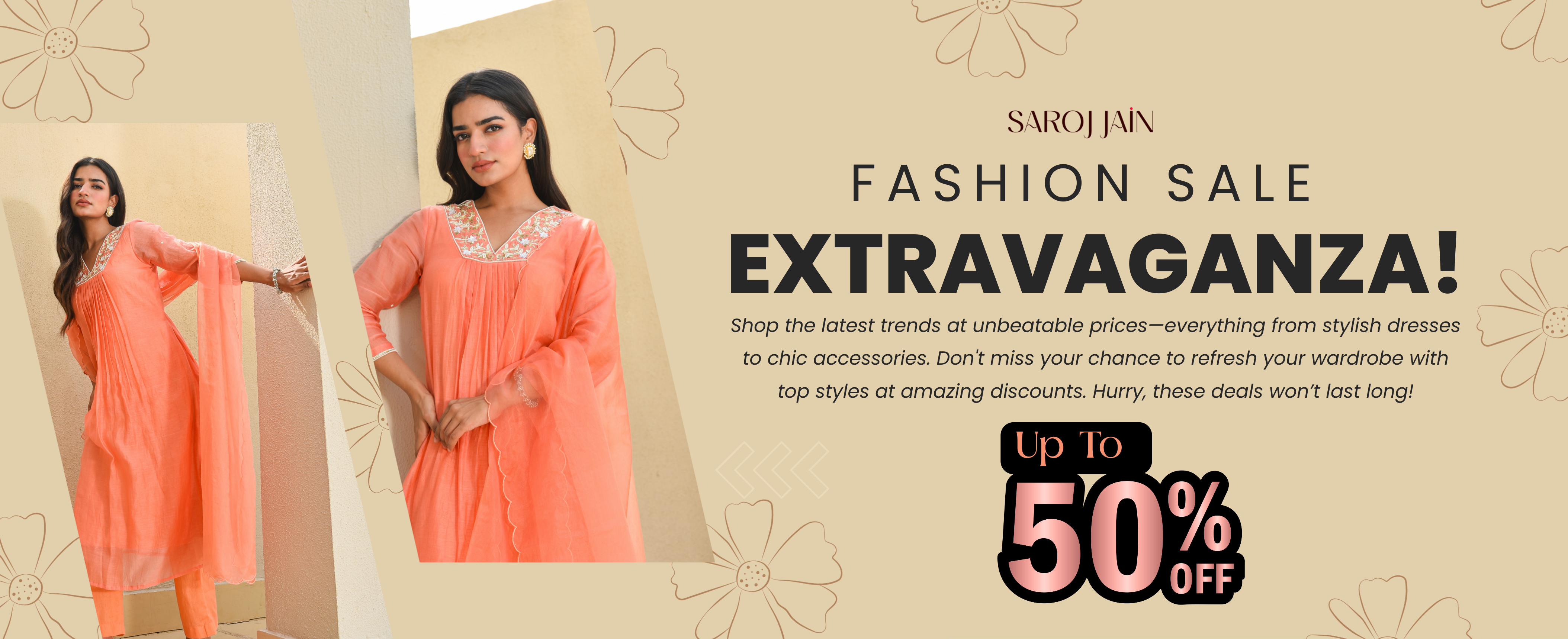Fashion sale extravaganza with a woman in an orange dress on a beige background