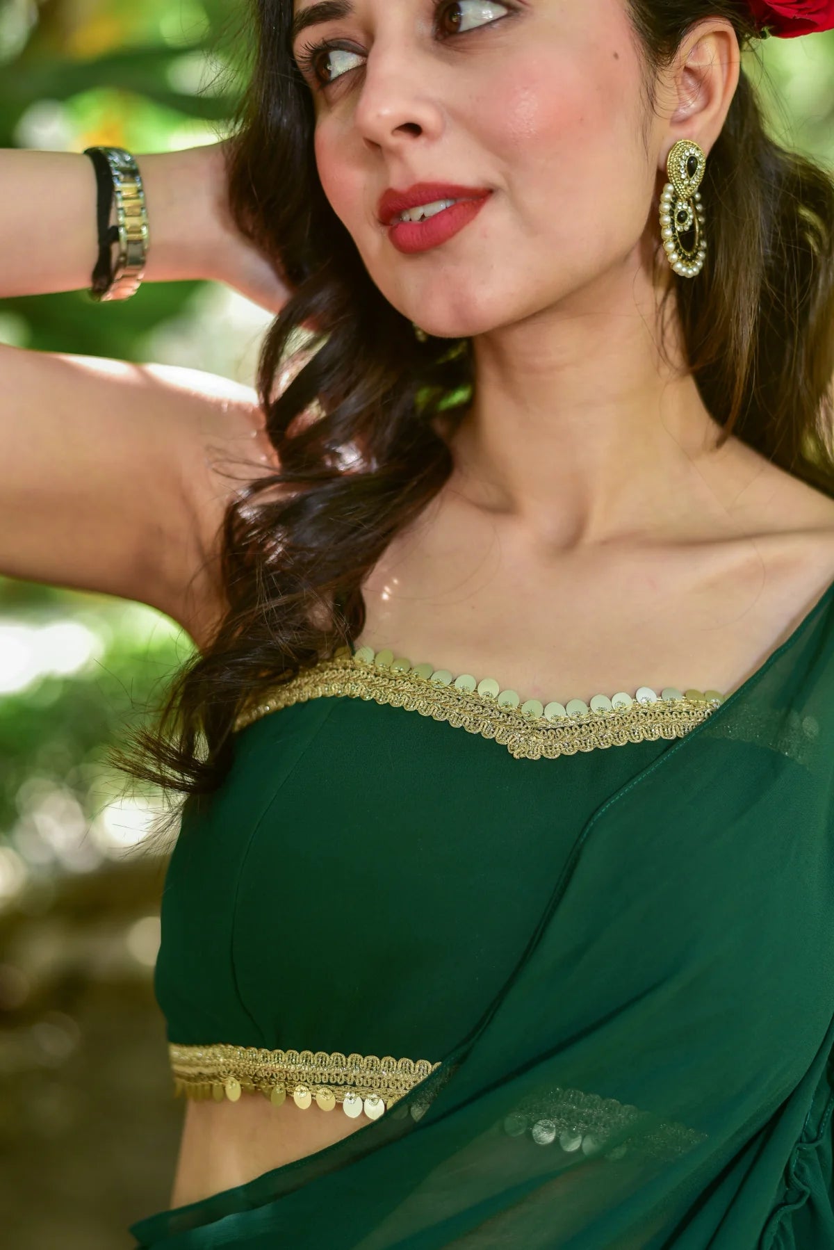 Bottle Green Georgette Sharara Saree Set Detail Shot - Designer Ethnic Wear