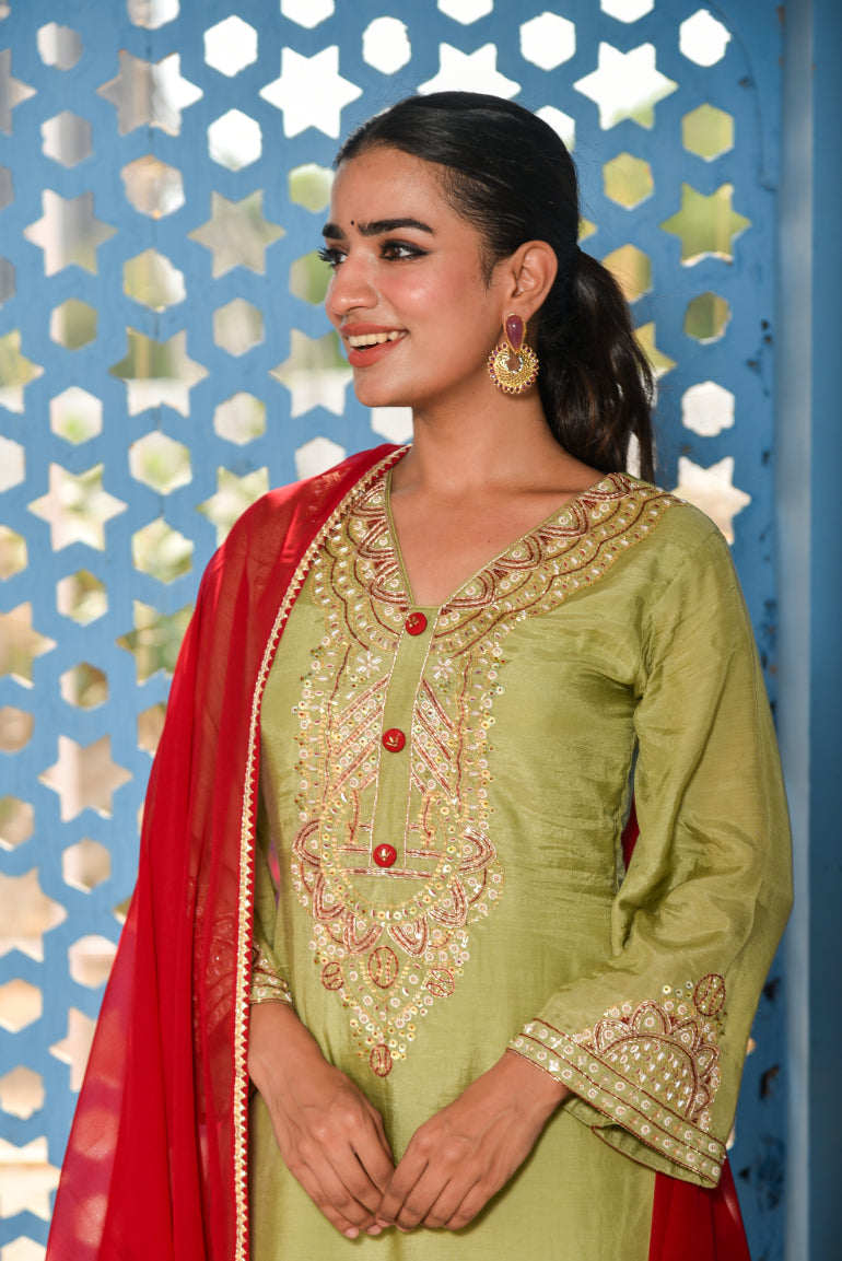 Green Heavy Embroidery Straight Kurta Set