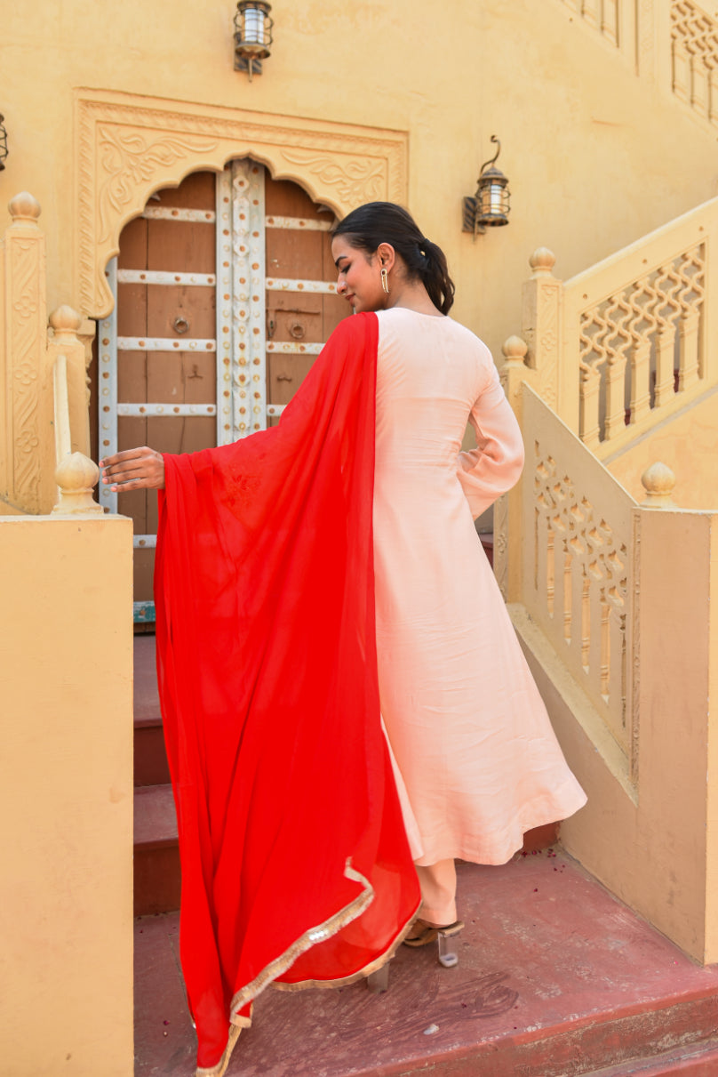 Peach Embroidery Kurta Set