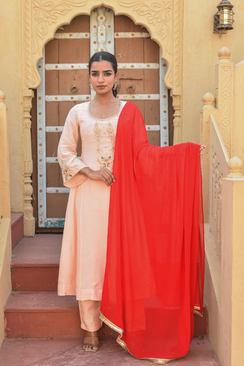 Peach Embroidery Kurta Set