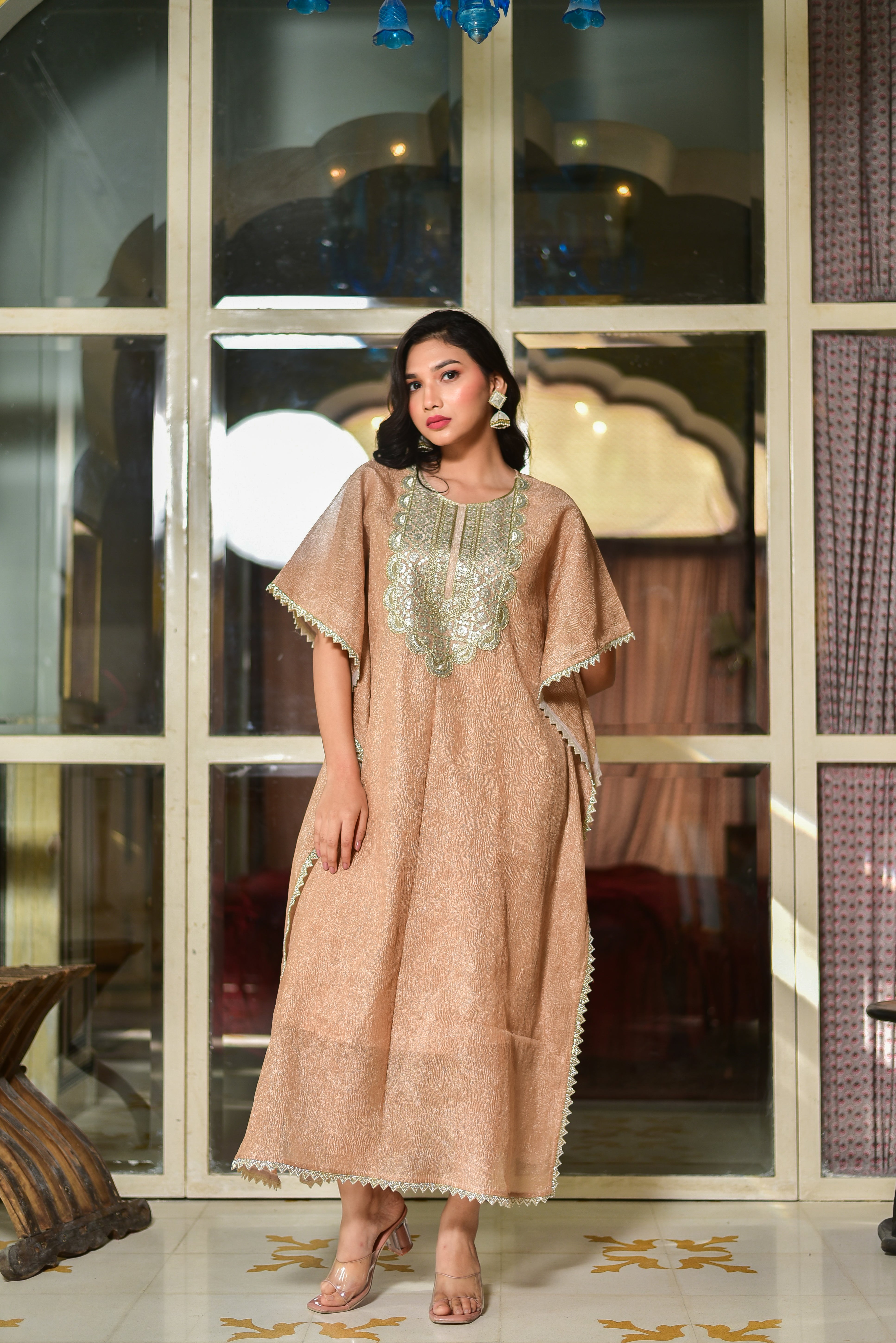 Blush Gold Luxe Embroidered Kaftan Dress