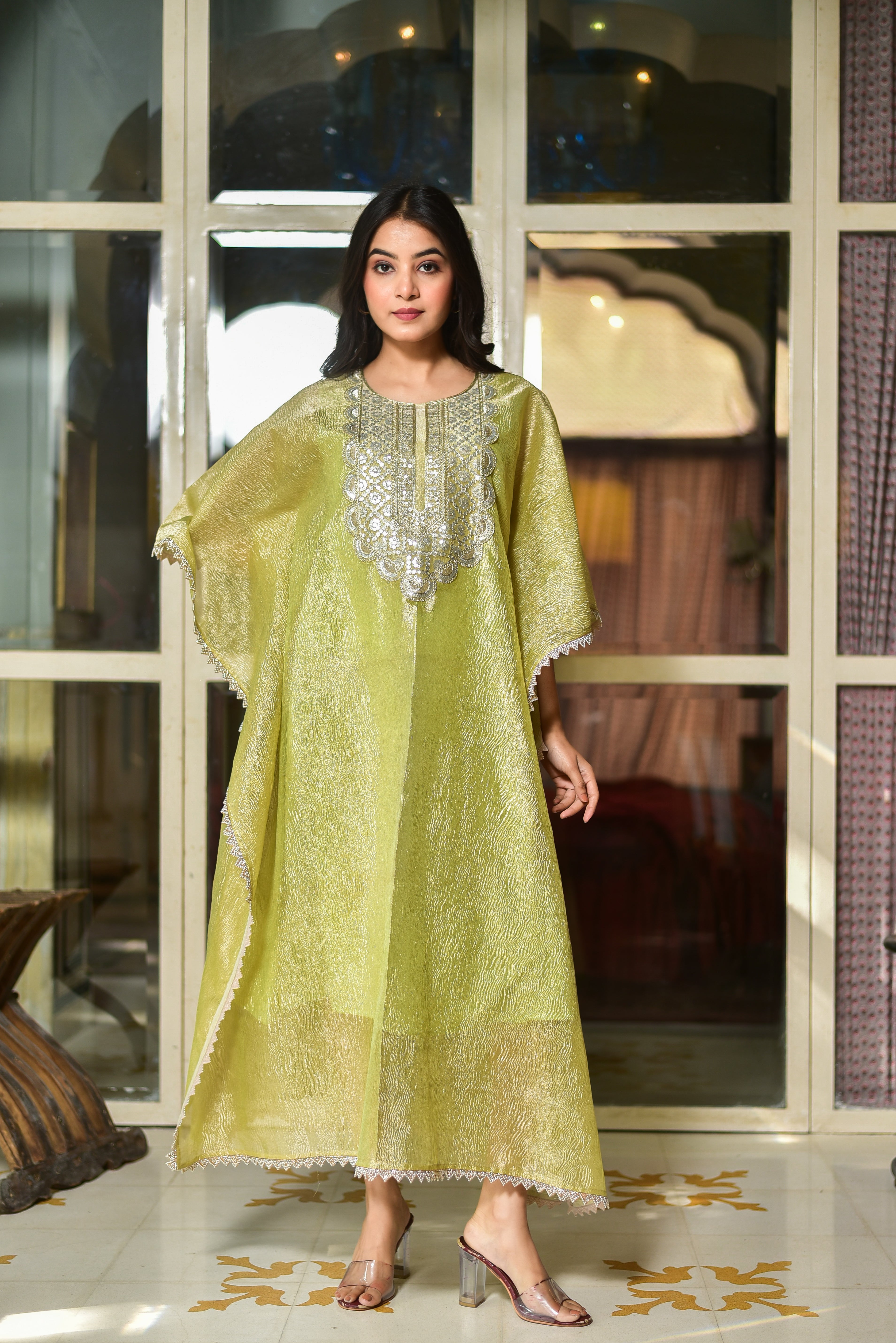 Pastel Green Luxe Embroidered Kaftan Dress