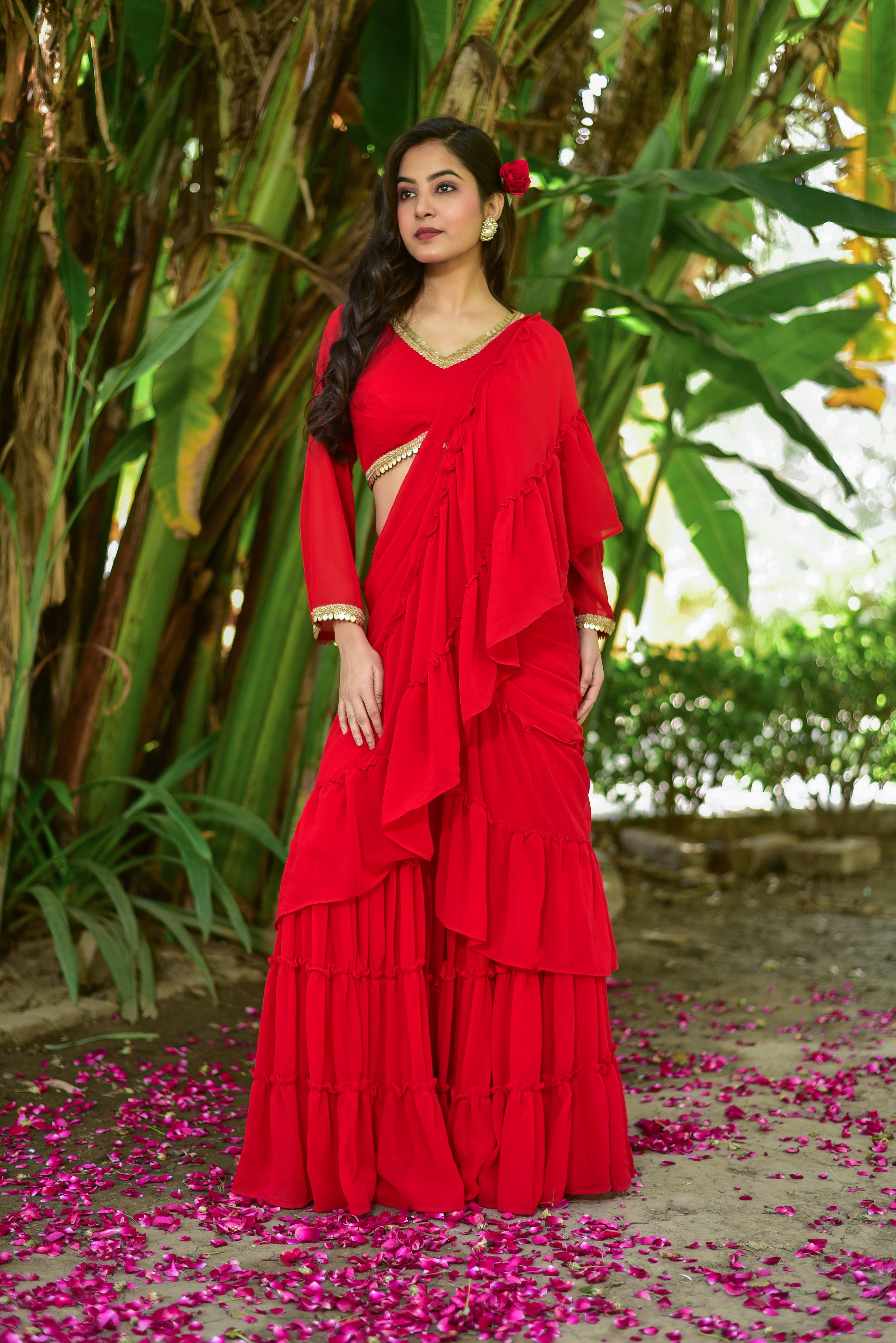 Regal Red Georgette Sharara Saree Set