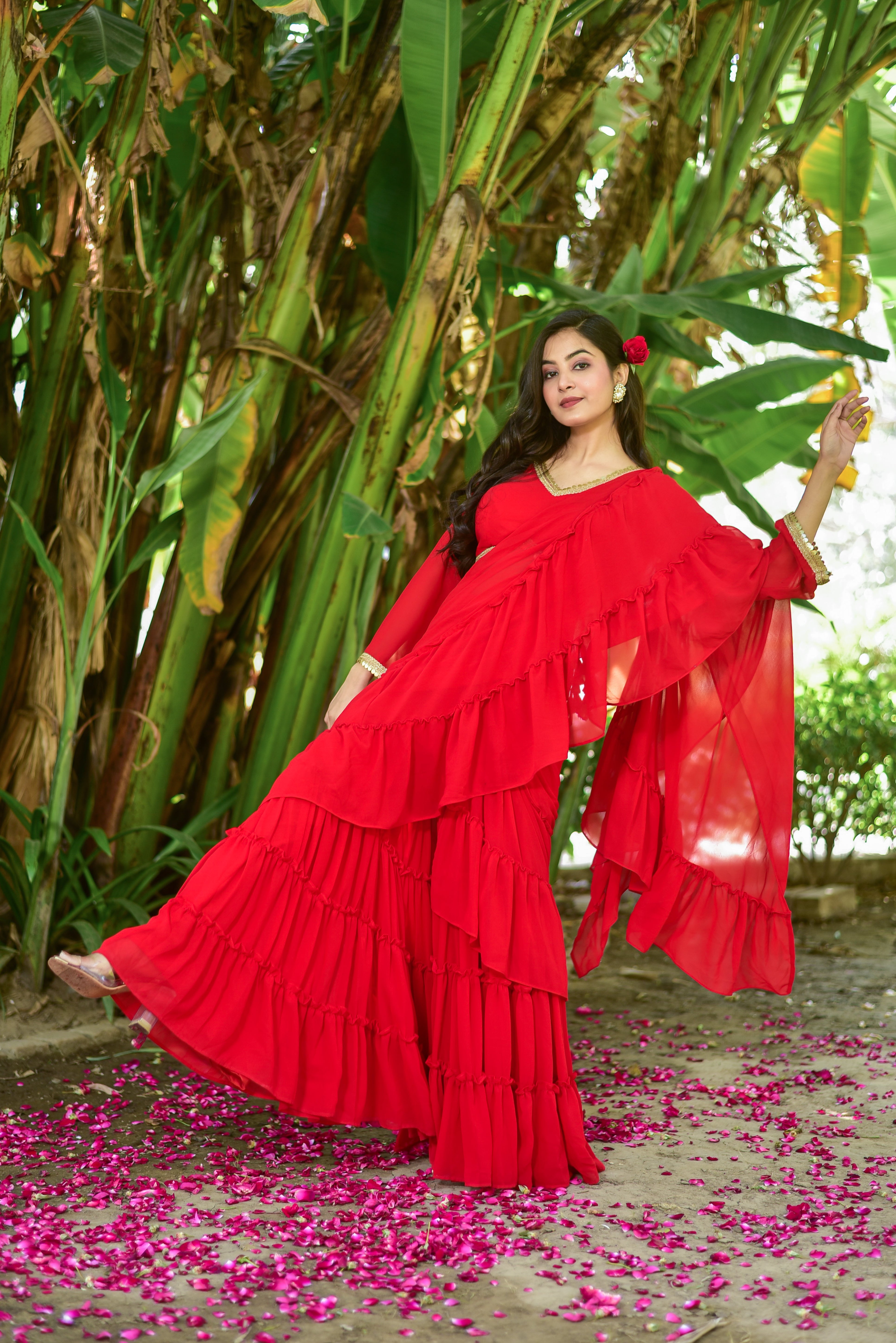 Regal Red Georgette Sharara Saree Set