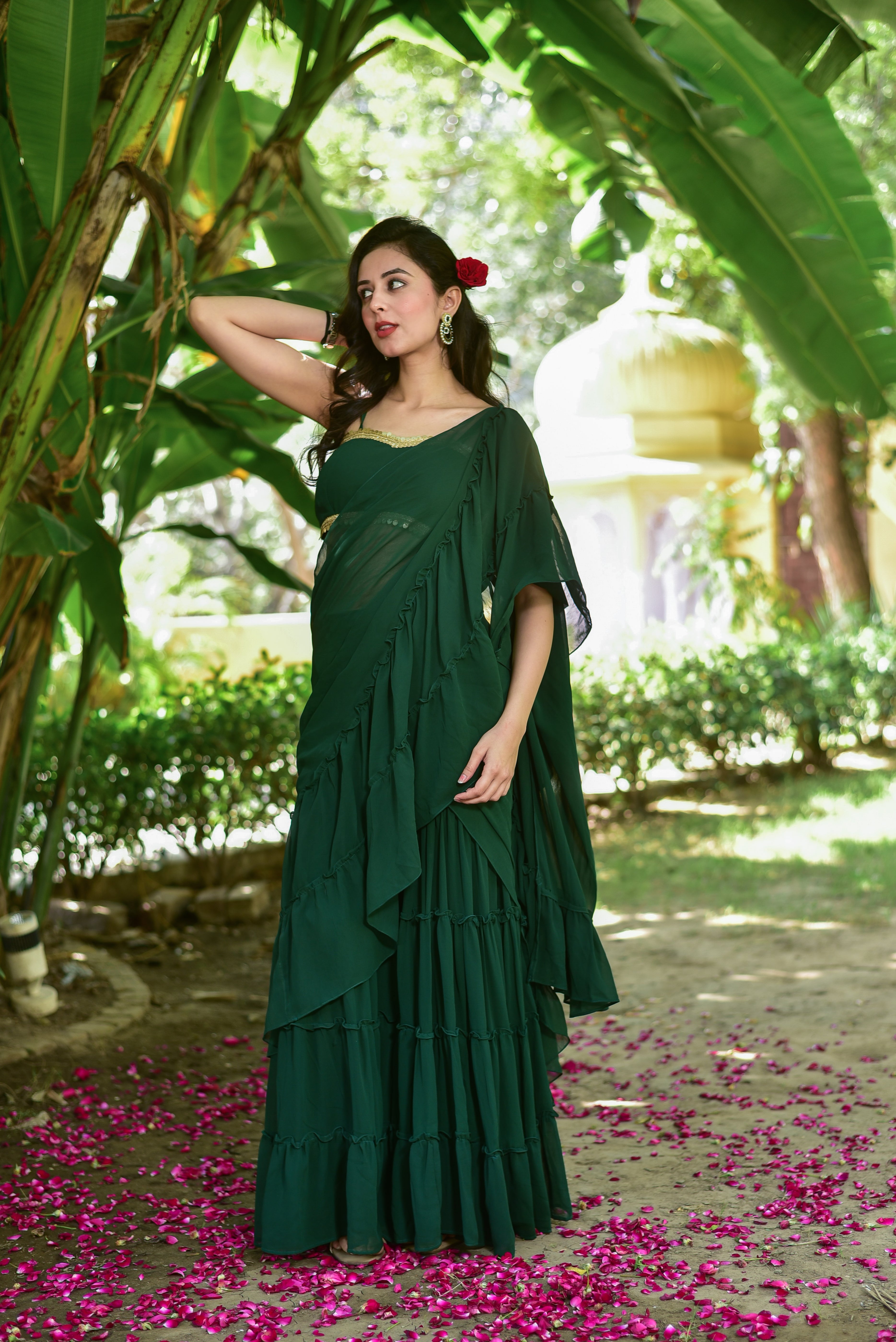 Bottle Green Georgette Sharara Saree Set