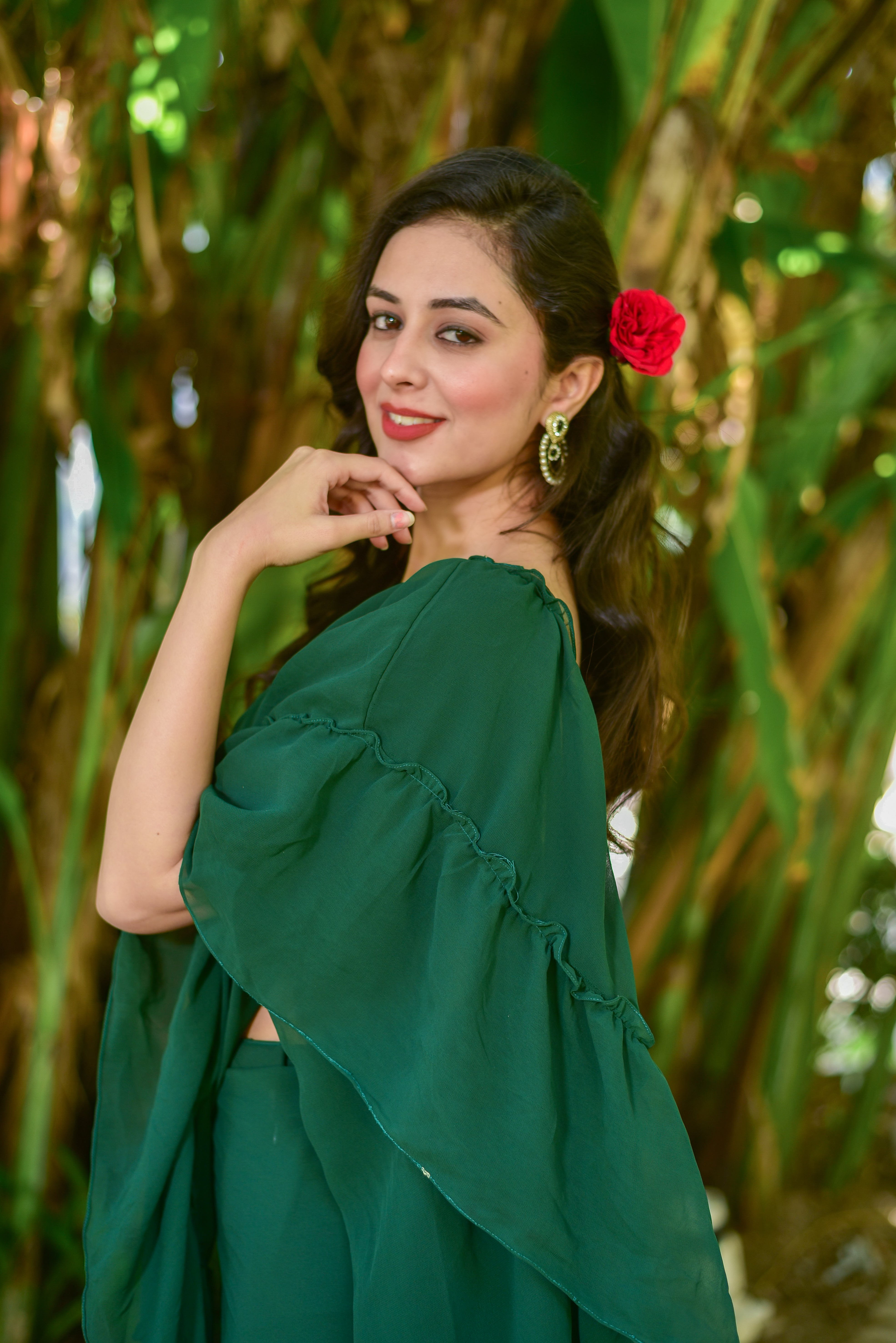 Bottle Green Georgette Sharara Saree Set