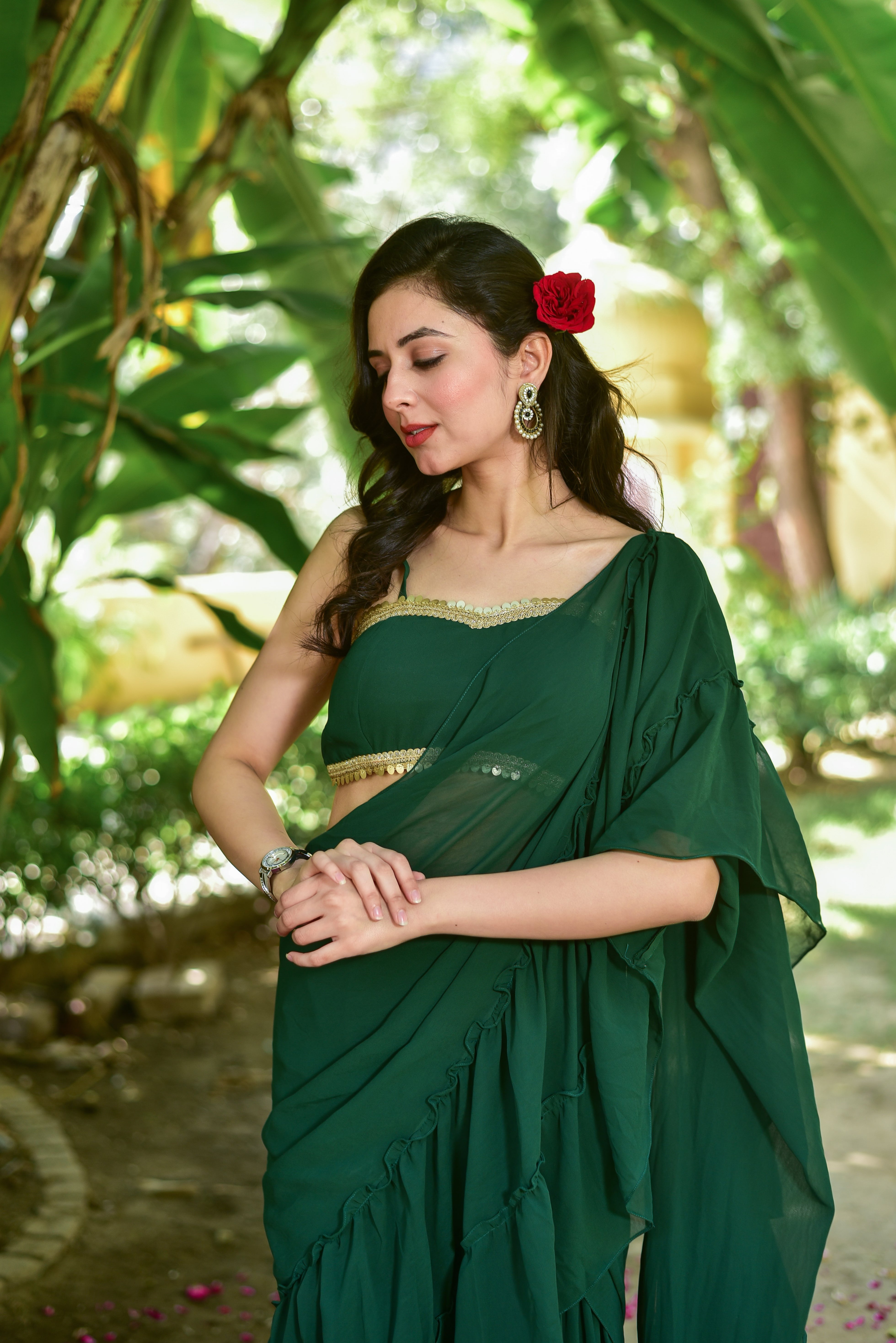Bottle Green Georgette Sharara Saree Set
