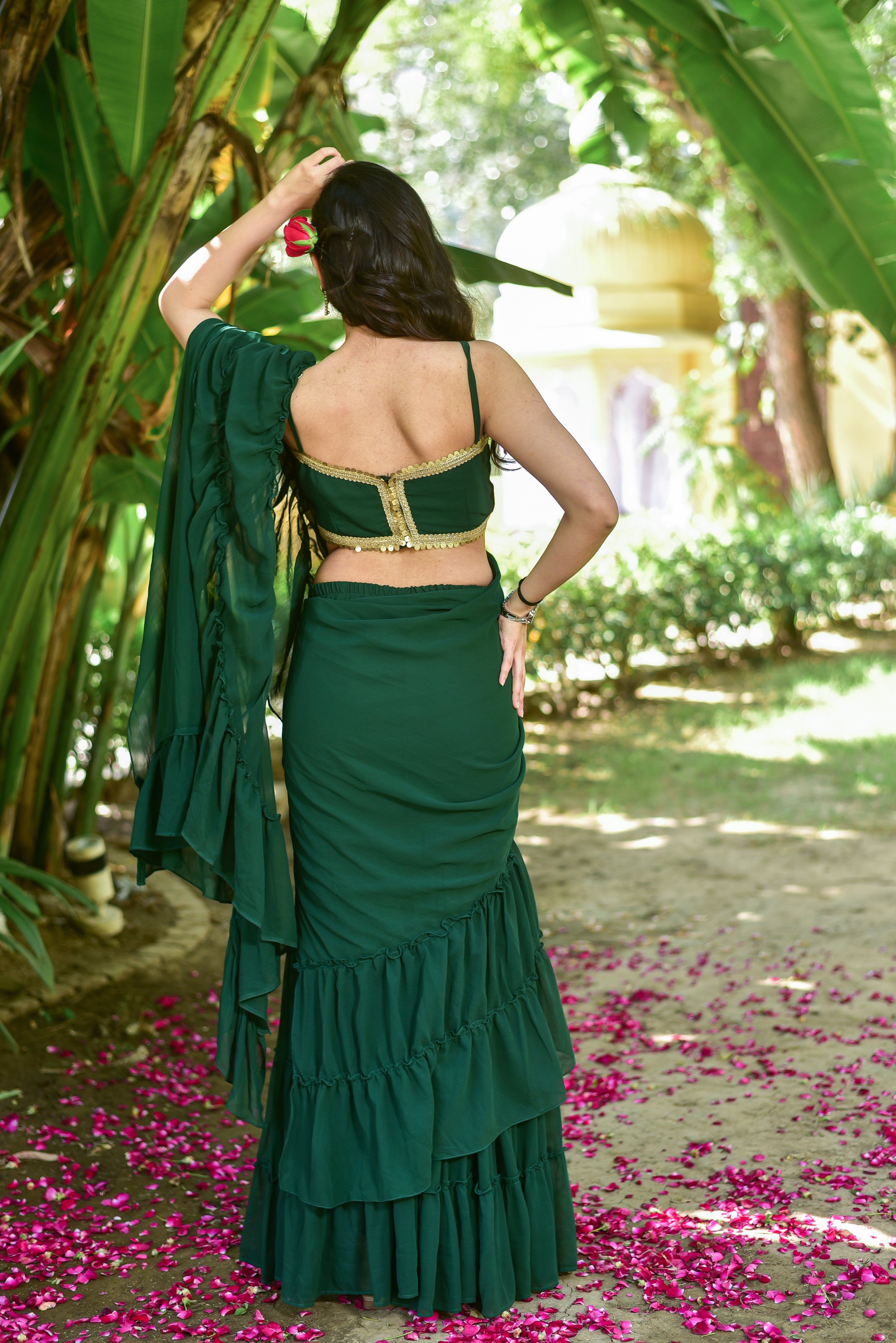 Bottle Green Georgette Sharara Saree Set