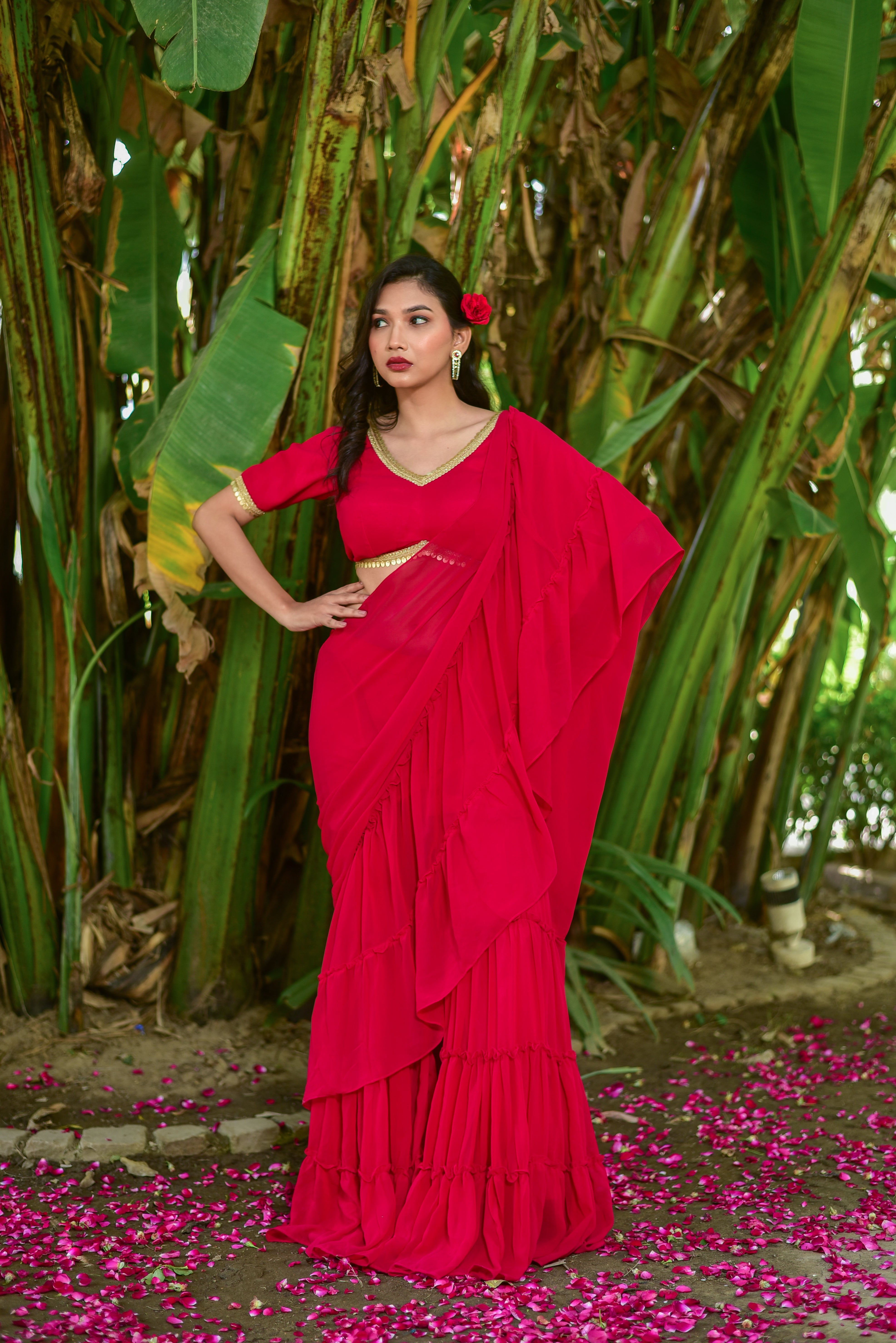 Ruby Pink Georgette Sharara Saree Set