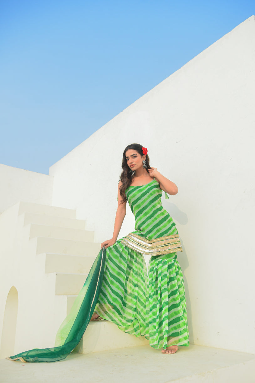Green Leheriya Kurta Sharara Set
