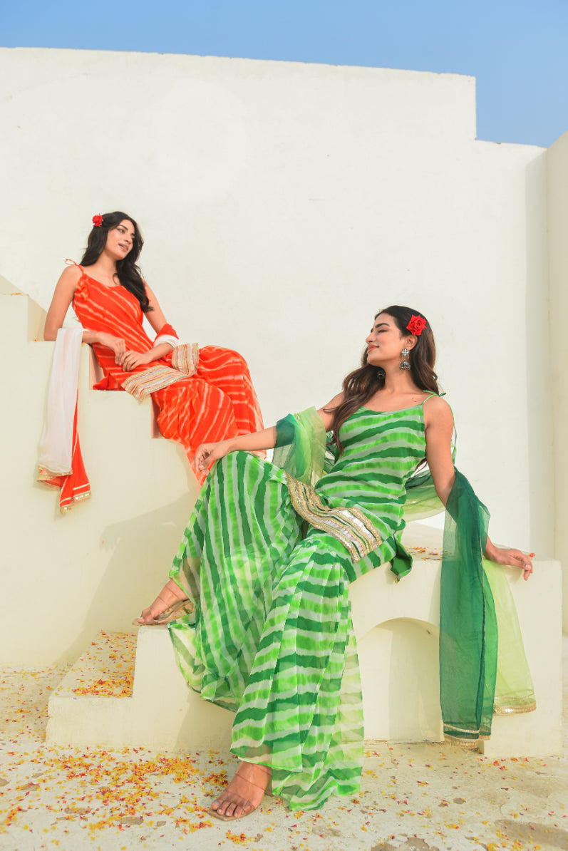 Green Leheriya Kurta Sharara Set