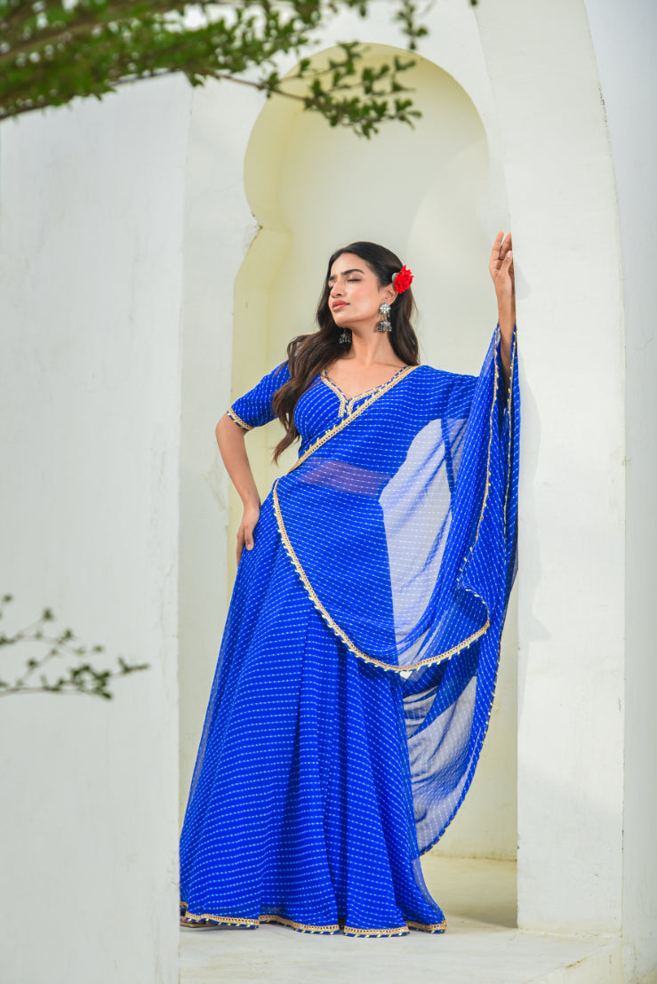 Blue Mothada Umbrella Lehenga Set