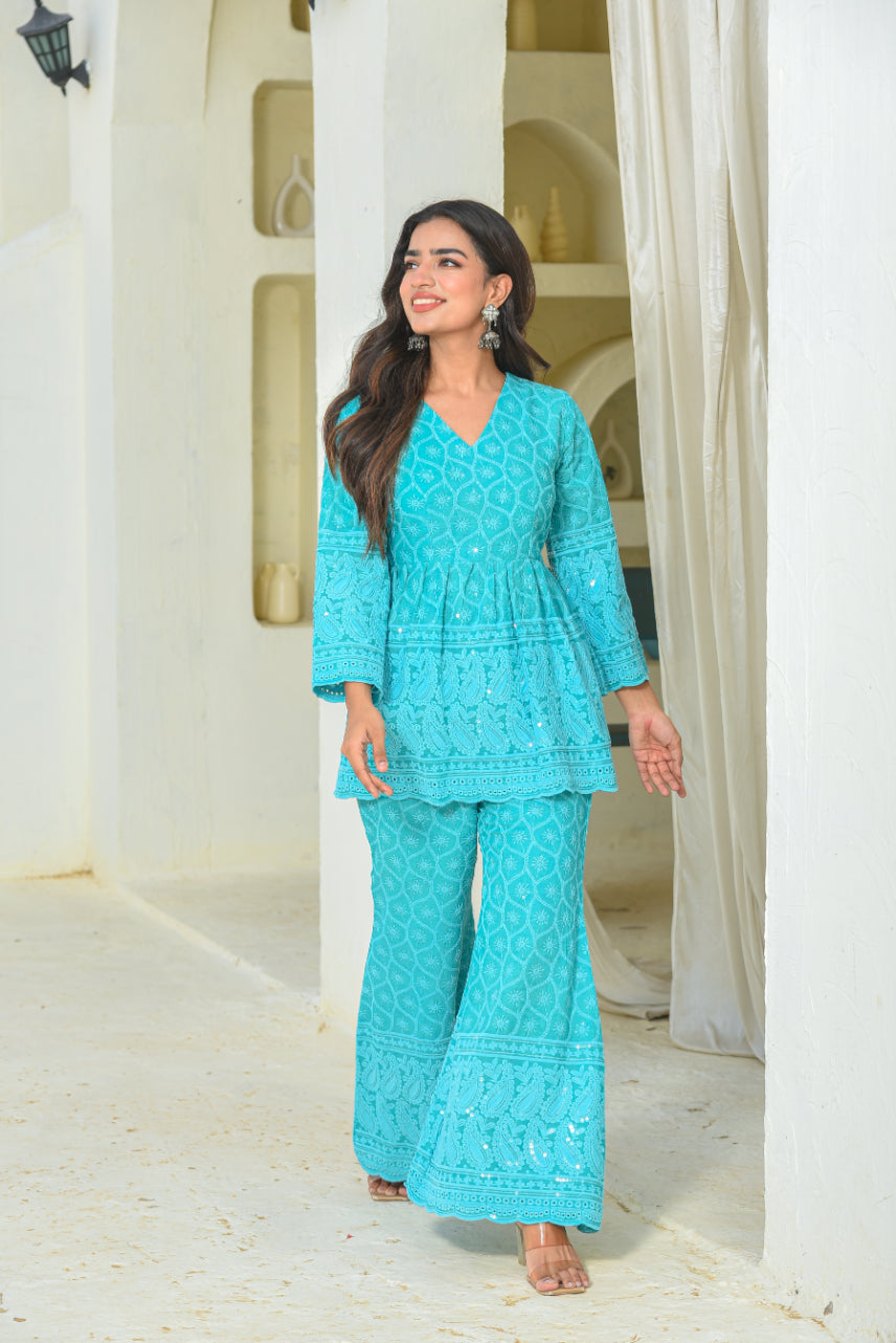 Sea Green Chikankari Co-Ord Set