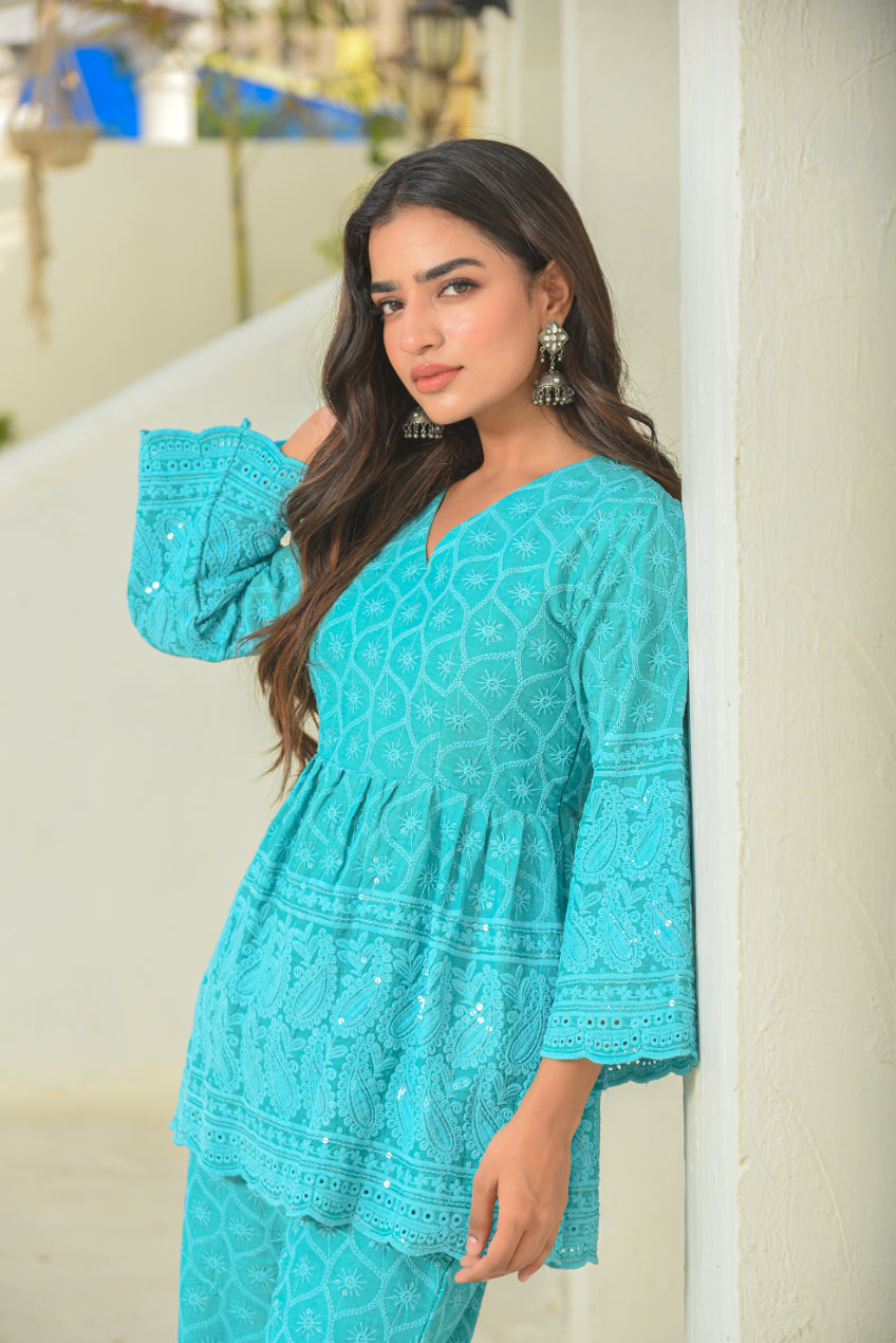 Sea Green Chikankari Co-Ord Set
