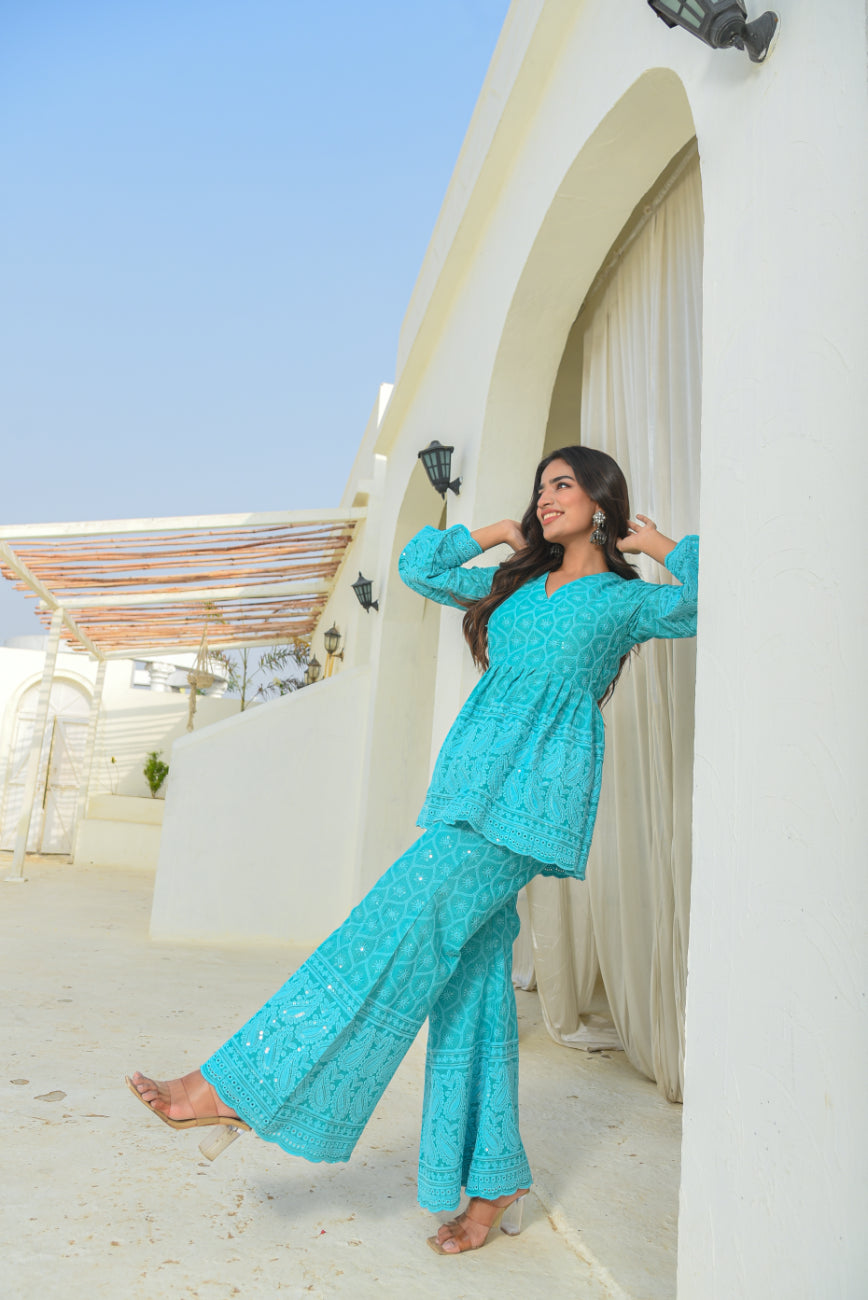 Sea Green Chikankari Co-Ord Set