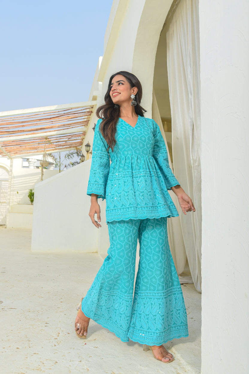 Sea Green Chikankari Co-Ord Set