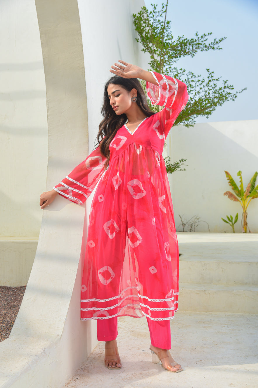 Ruby Pink Bhandej Kurta Set