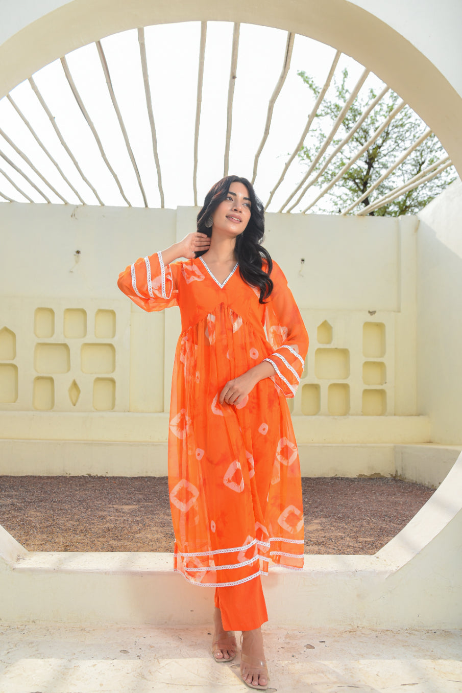 Tangerine Bhandej Kurta Set