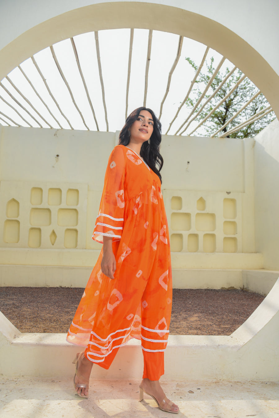 Tangerine Bhandej Kurta Set
