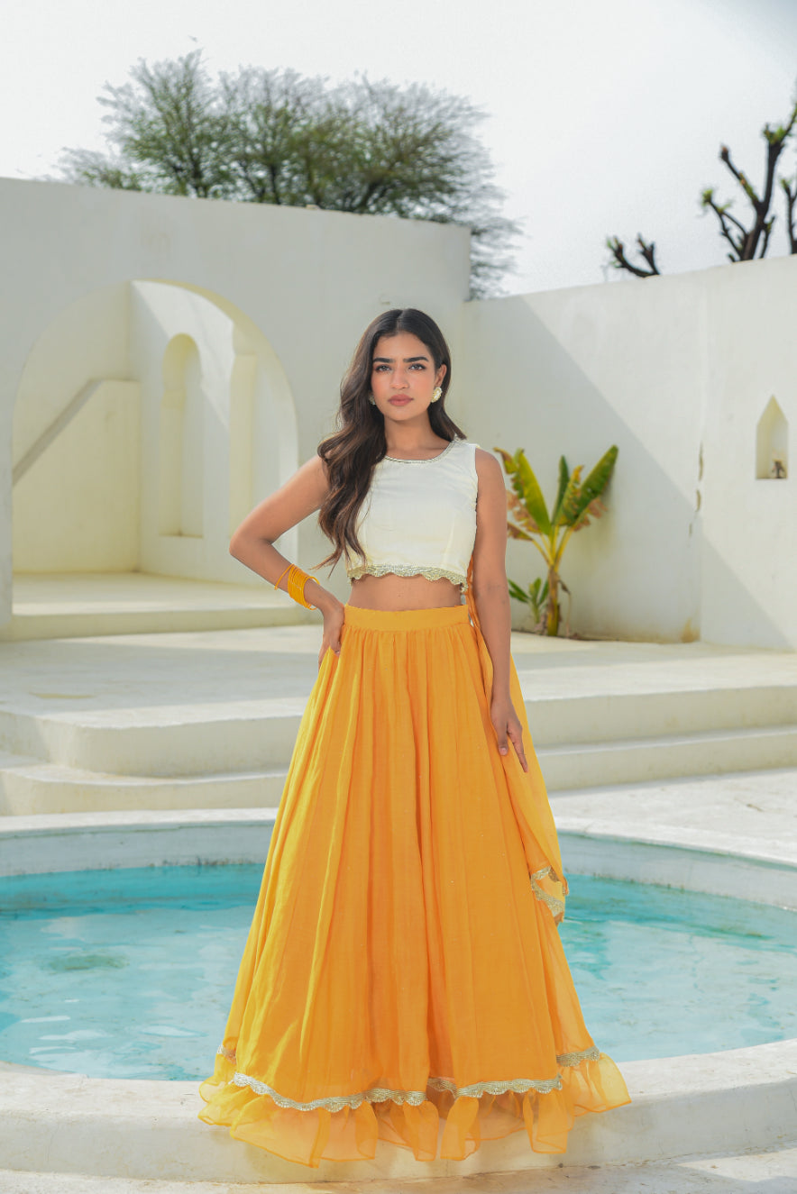 Yellow Aumbre Crop Top With Skirt Set