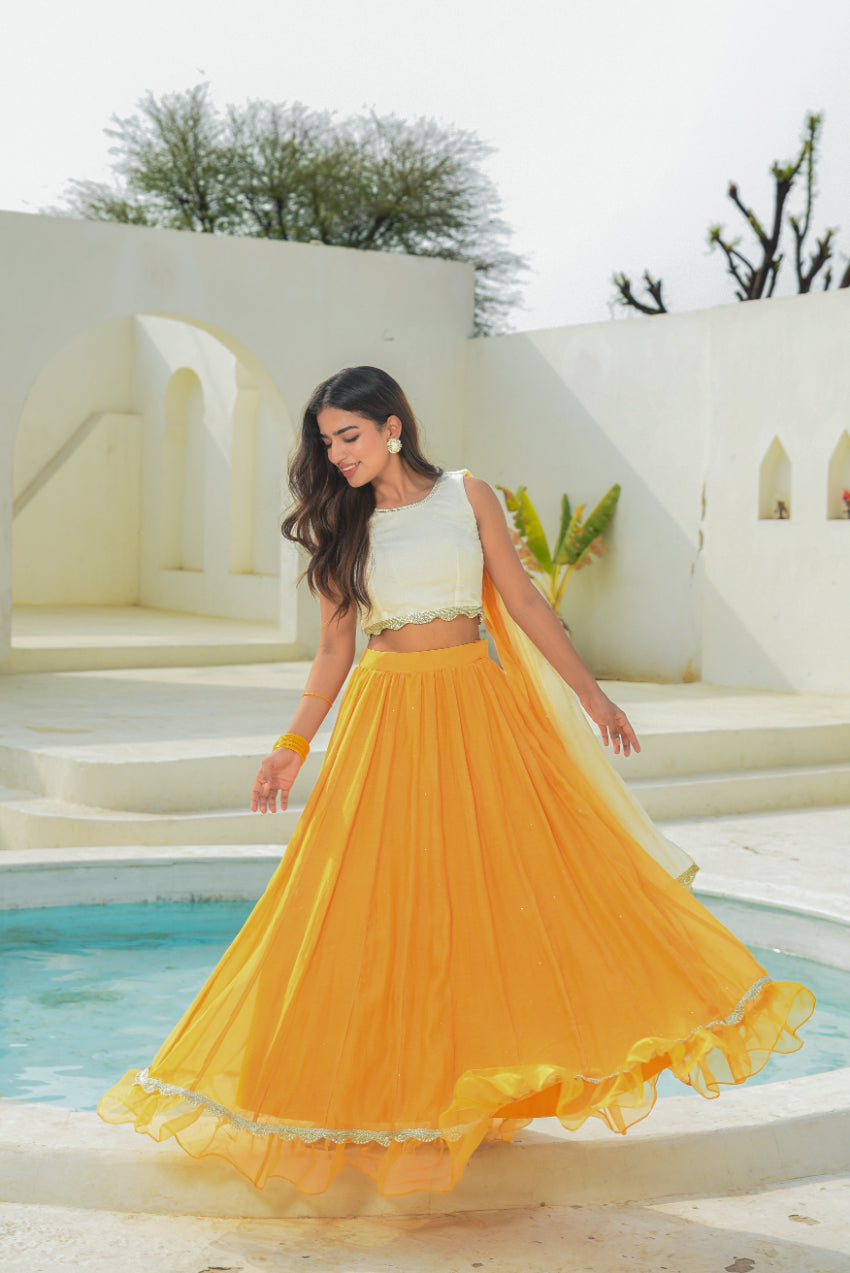 Yellow Aumbre Crop Top With Skirt Set