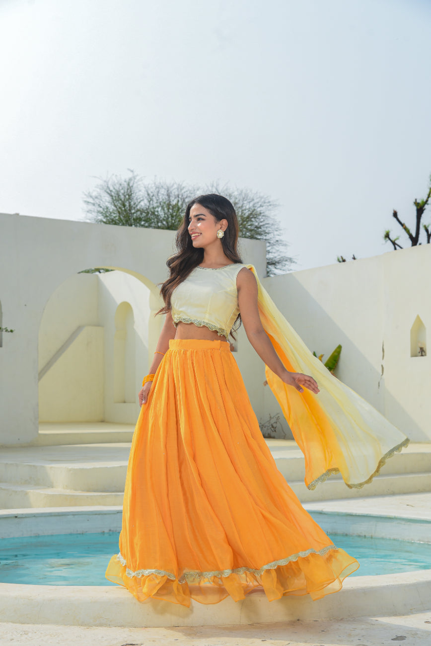 Yellow Aumbre Crop Top With Skirt Set
