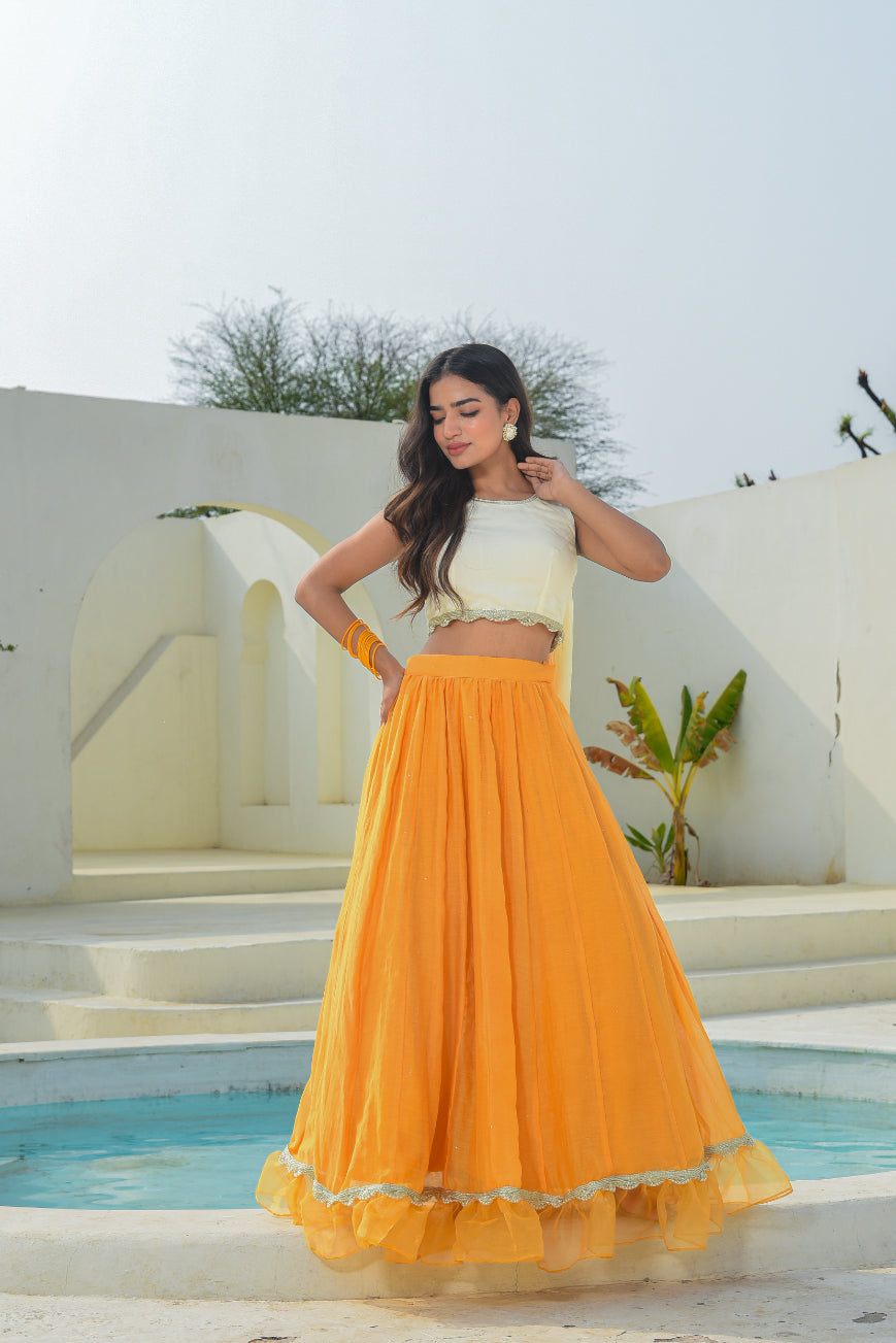 Yellow Aumbre Crop Top With Skirt Set