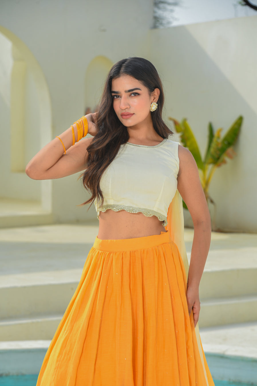 Yellow Aumbre Crop Top With Skirt Set