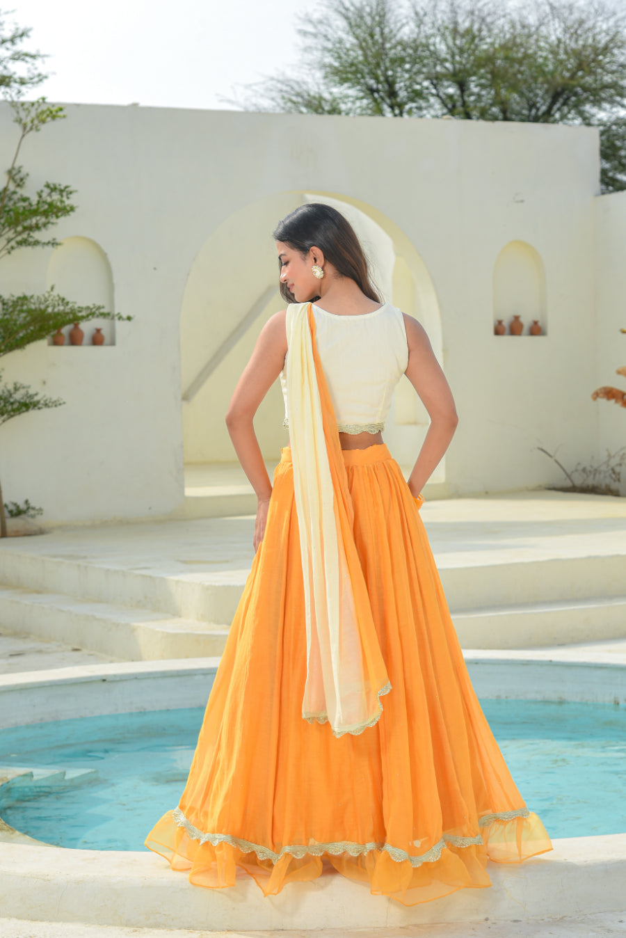 Yellow Aumbre Crop Top With Skirt Set
